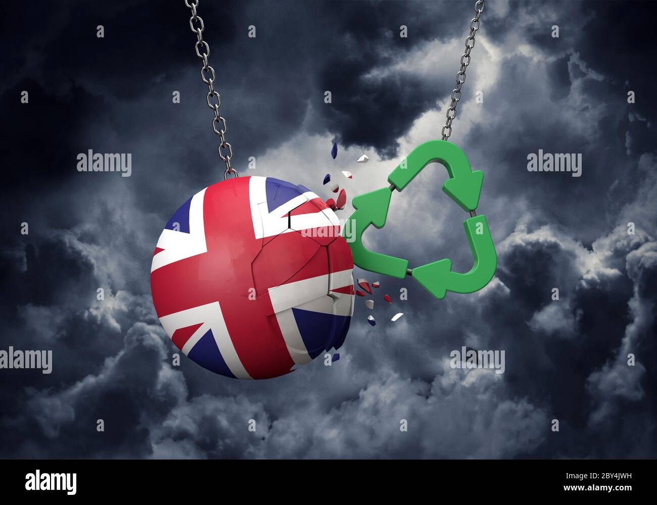 Green Recycling Symbol Absturz in eine United Kingdom Flag Ball. 3D-Rendering Stockfoto