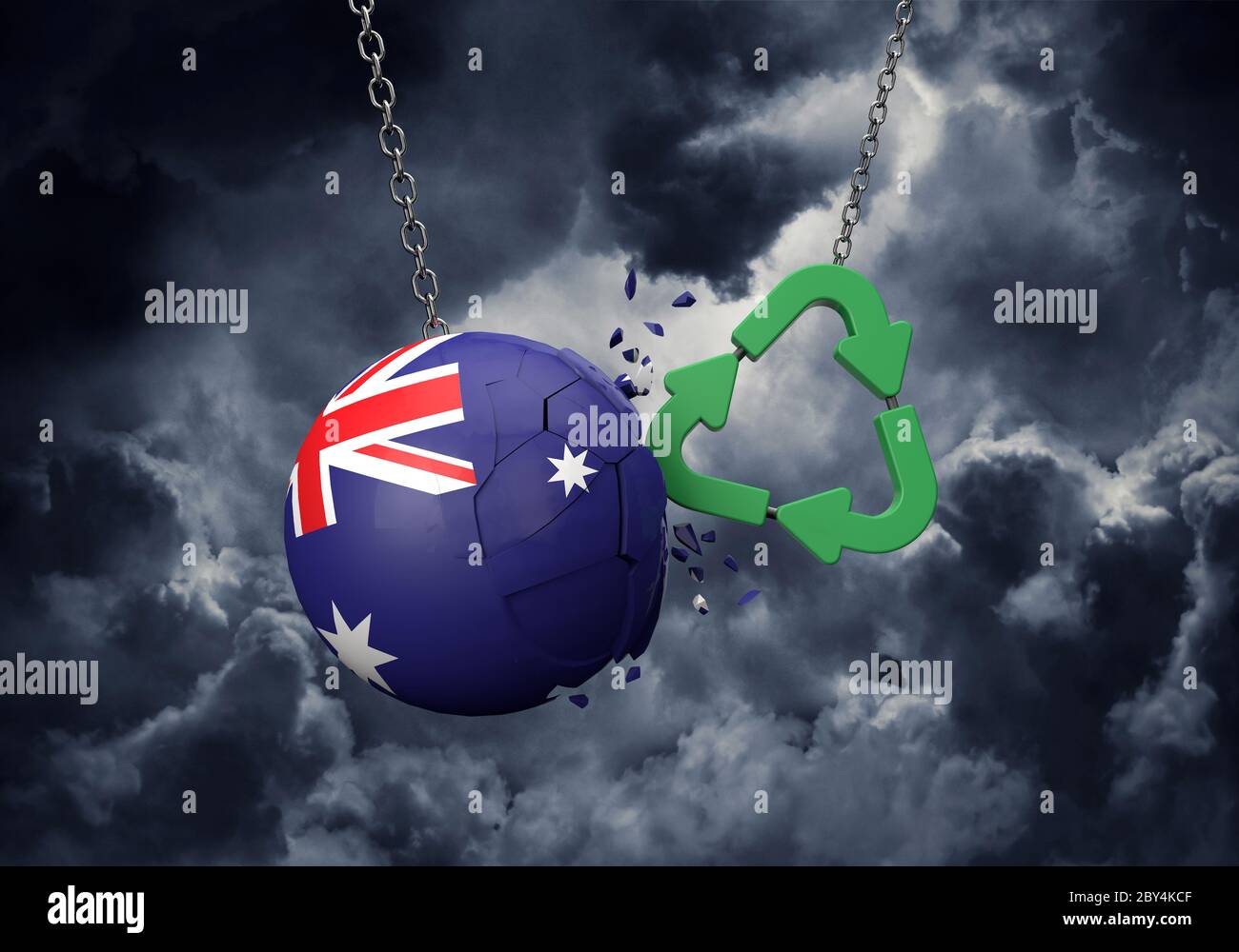 Green Recycling Symbol Absturz in eine Australien Flagge Ball. 3D-Rendering Stockfoto