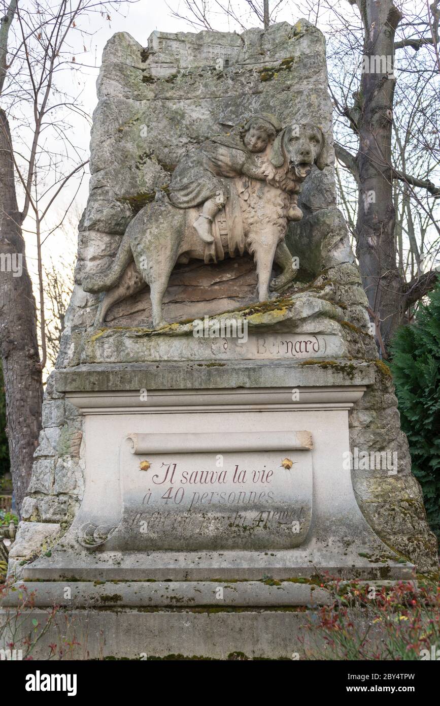 Altes Hundedenkmal auf dem Tierfriedhof von Paris in Asnières-sur-seine, Frankreich. Der 'Friedhof der Hunde und andere Haustiere' ist das älteste Haustier cemet Stockfoto