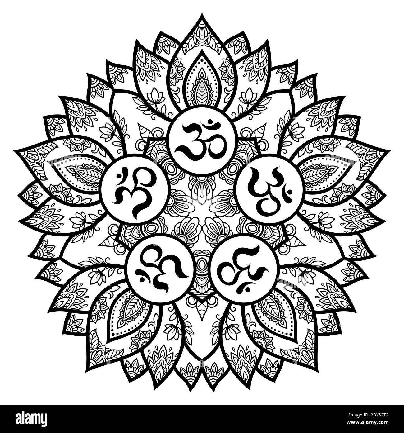 Kreisförmiges Muster in Form von Mandala für mit Blume Henna, Mehndi, Tätowierung, Dekoration. Dekorative Ornament im orientalischen Stil mit alten Hindu Mantra Stock Vektor