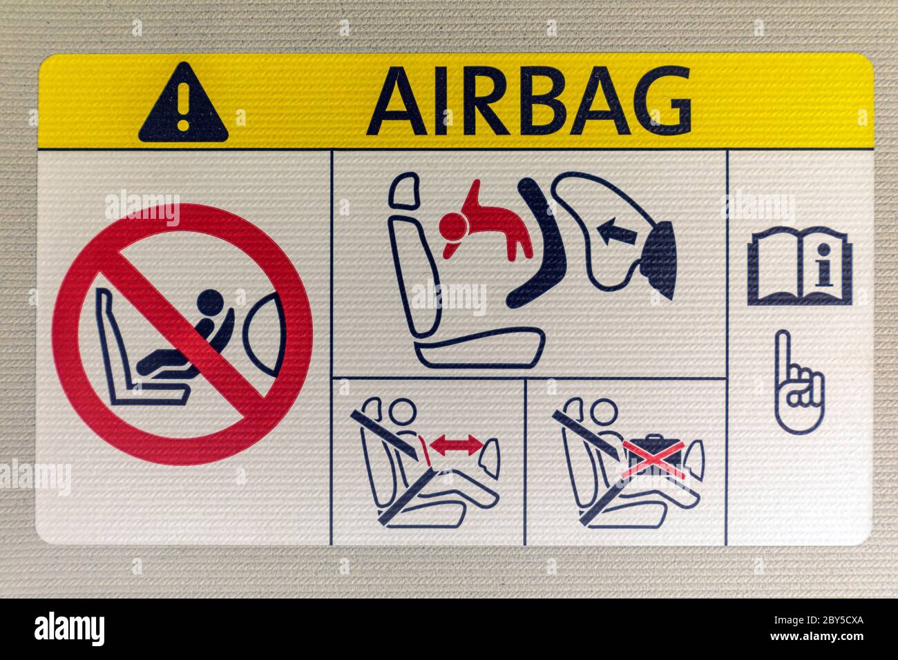 Airbag Aufkleber Etikett Warnung Anweisung Symbol im Auto Stockfotografie -  Alamy