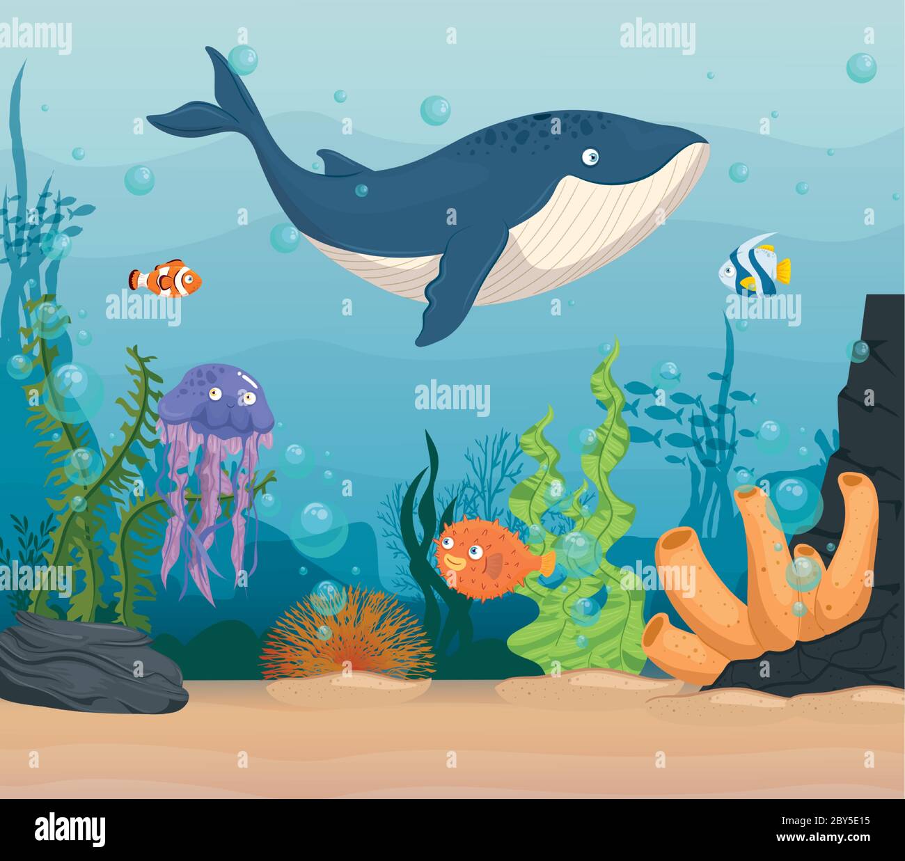Blauwal mit Fischen und wilden Meerestieren im Meer, Meeresbewohner, niedliche Unterwasserwesen, Lebensraum Meereskonzept Stock Vektor
