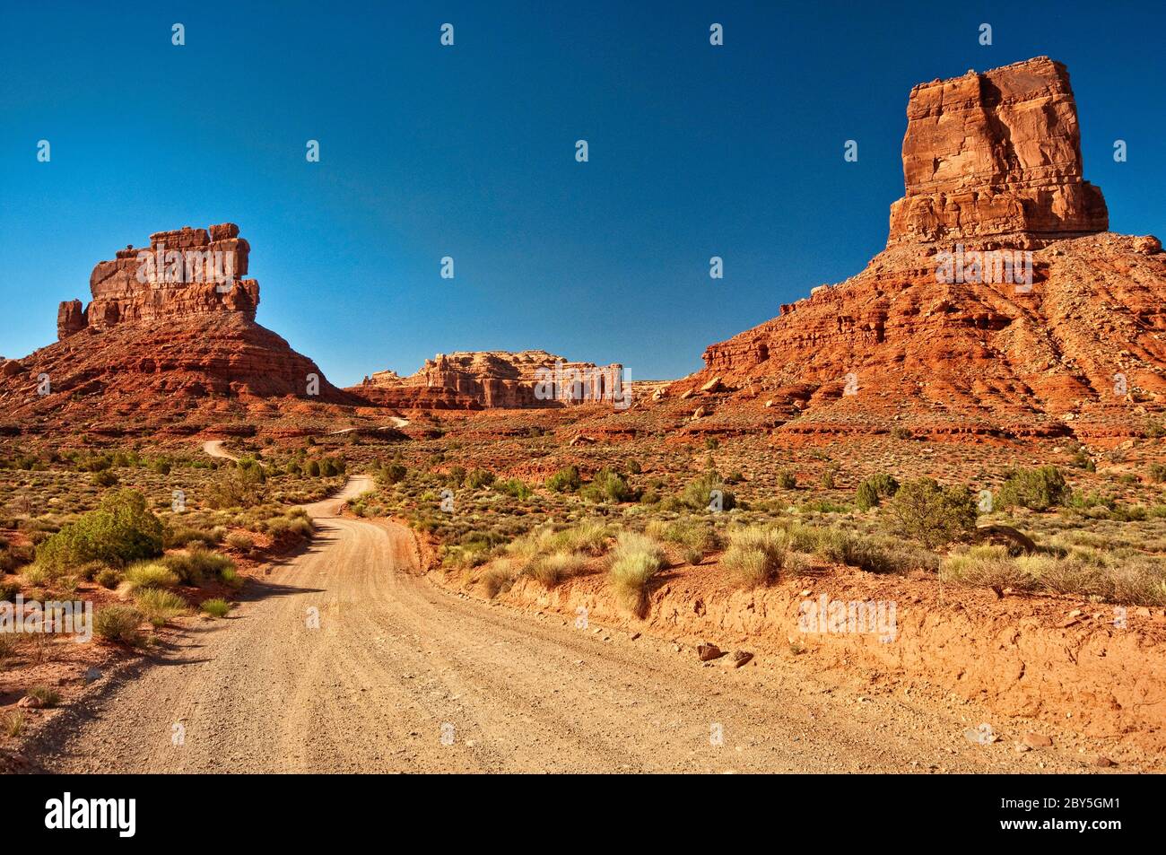 Unbefestigte Straße, Sandsteinfelsen über sagebrush Flats im Valley of the Gods, Bears Ears National Monument, Cedar Mesa, Utah, USA Stockfoto