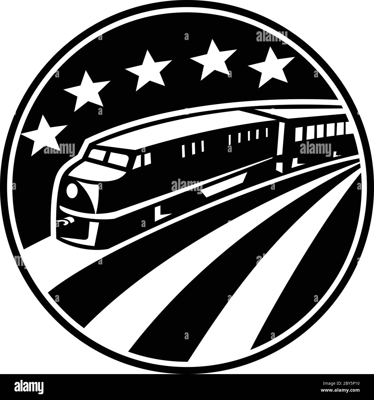 Abbildung von einem Diesel-Zug von einem hohen Winkel im inneren Kreis mit amerikanischen Stars und Stripes Flagge im Hintergrund getan im retro-Stil betrachtet. Stock Vektor