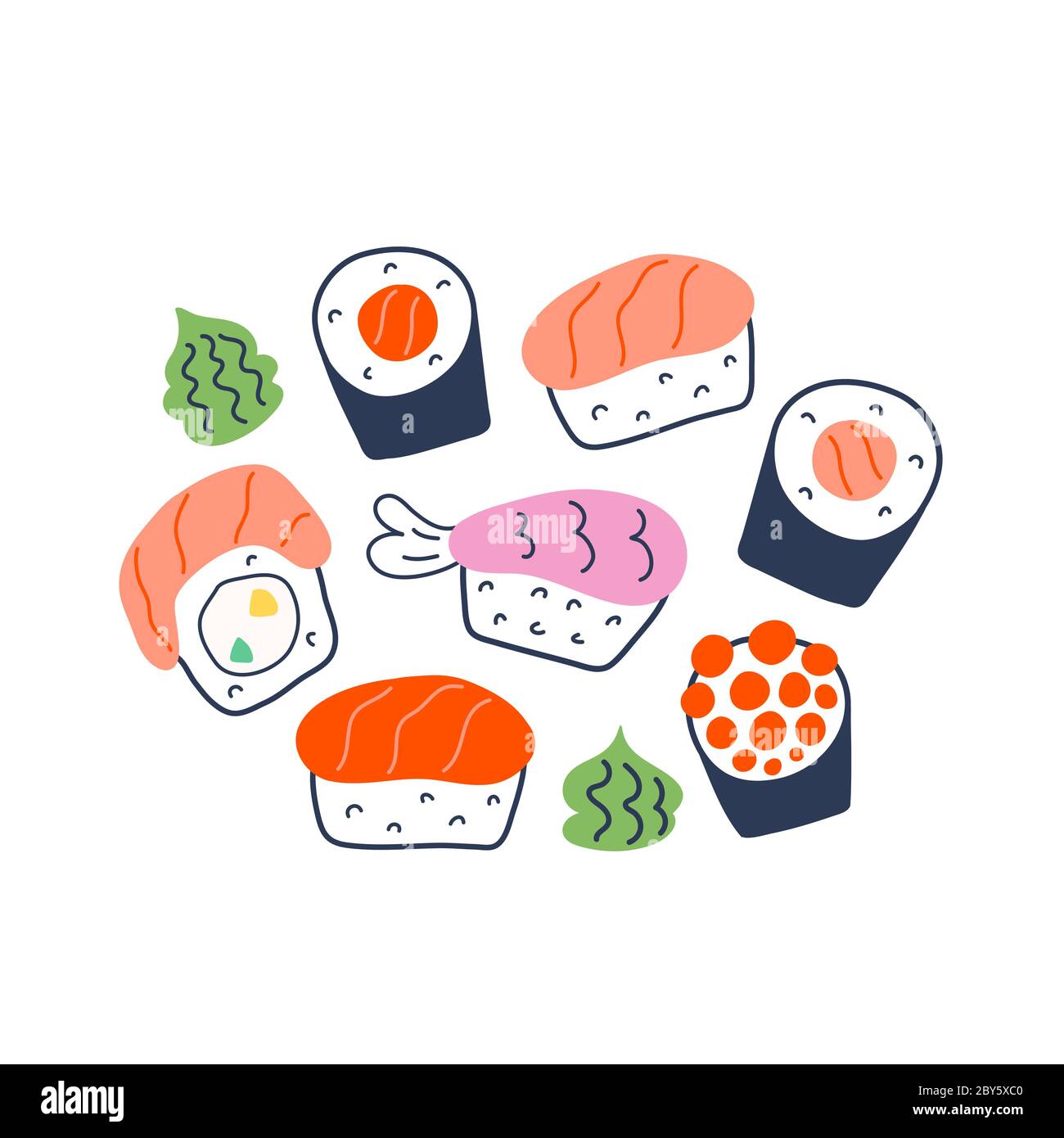 Verschiedene Sushi-Brötchen, Doodle Maki, philadelphia und Nigiri mit Lachs, Garnelen und Kaviar, Sammlung von verschiedenen Brötchen mit grünem Wasabi-Gewürz Stock Vektor