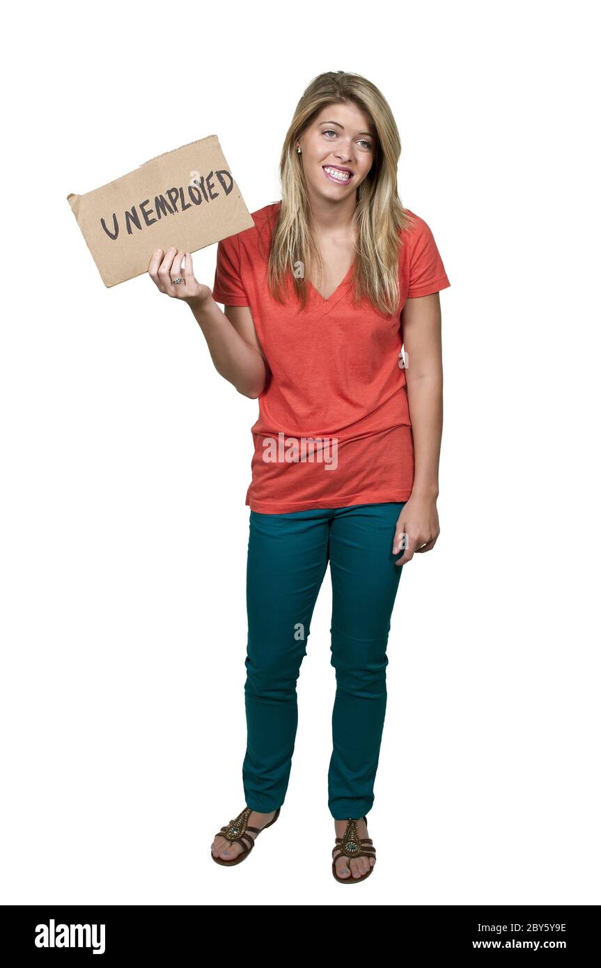 Frau mit einer Arbeitslosigkeit Schild Stockfoto