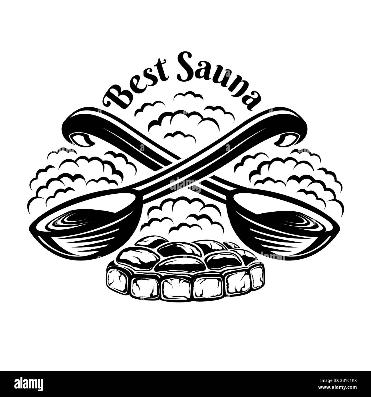 Label für Sauna oder Badehaus. Zwei gekreuzte Holzkelle für Sauna mit Kamin und Dampf herum. Stock Vektor