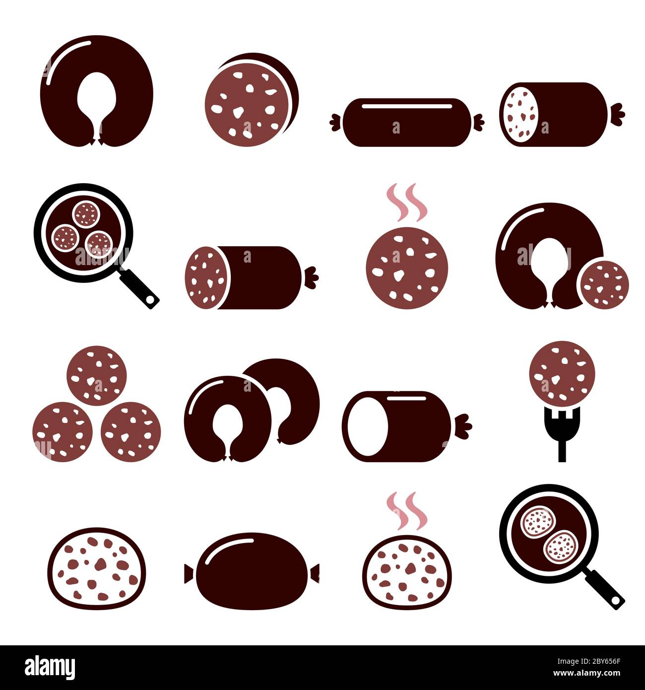 Schwarze Puddingwurst, Haggis, weiße Puddinglebensmittel-Symbole in Farbe gesetzt Stock Vektor