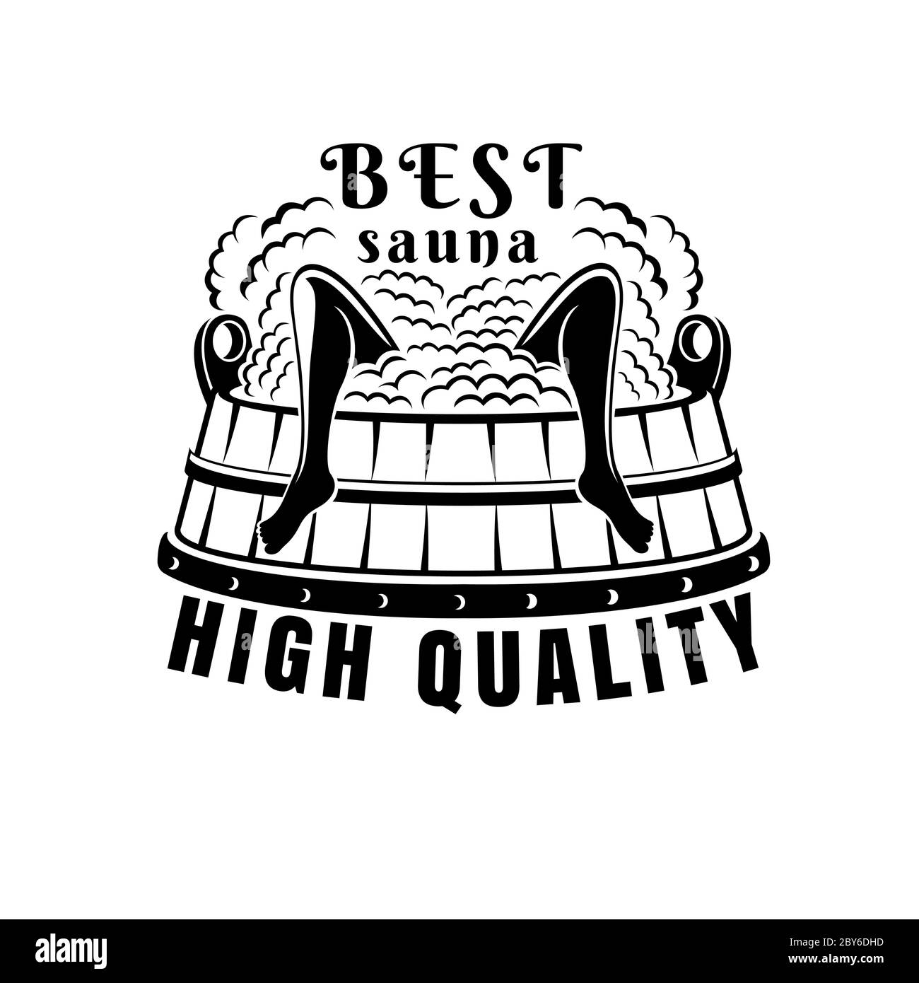 Label für Sauna, Banya oder Badehaus. Zwei Beine in der Holzwanne mit Dampf. Stock Vektor