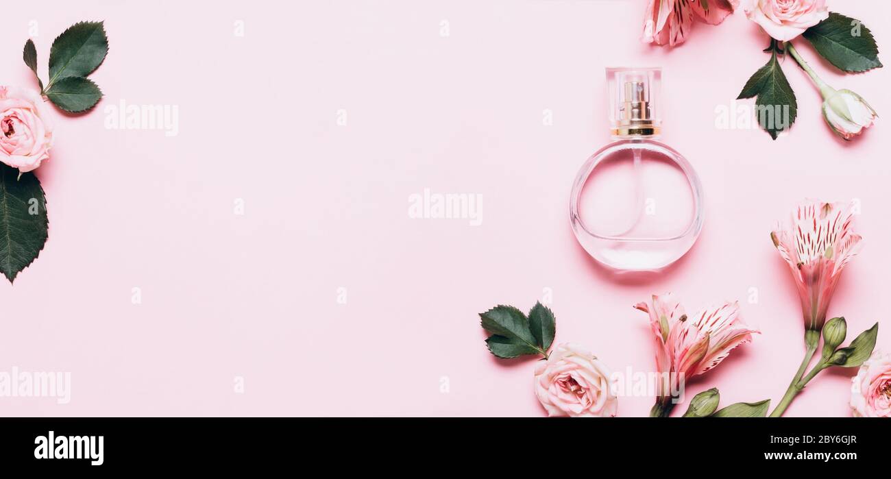 Damen Parfüm Flasche und Rosen Blumen auf rosa Hintergrund. Bannerformat mit Kopierbereich. Stockfoto
