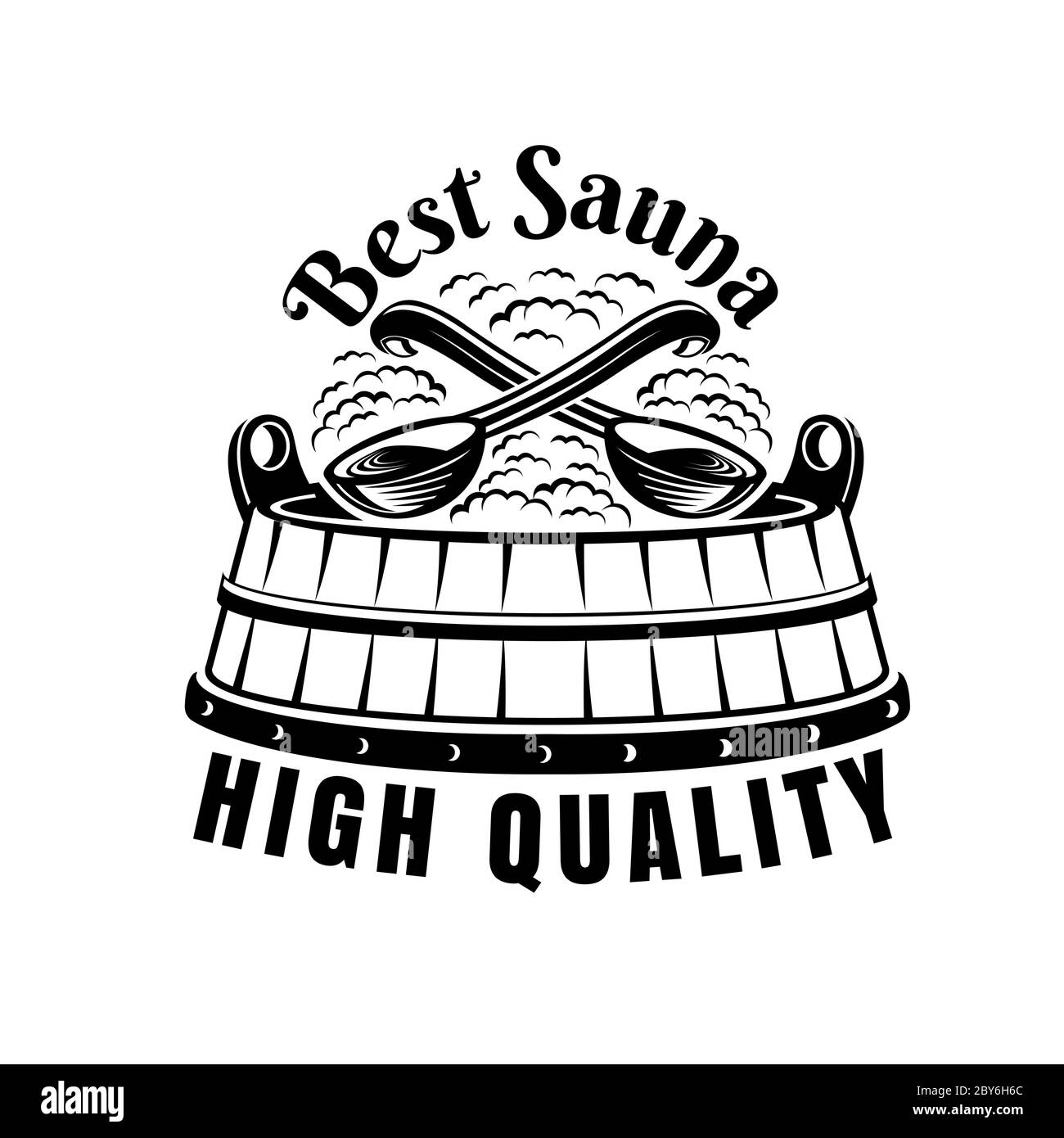 Label für Sauna, Banya oder Badehaus. Holzwanne mit zwei gekreuzten Schöpfkellen oben. Stock Vektor