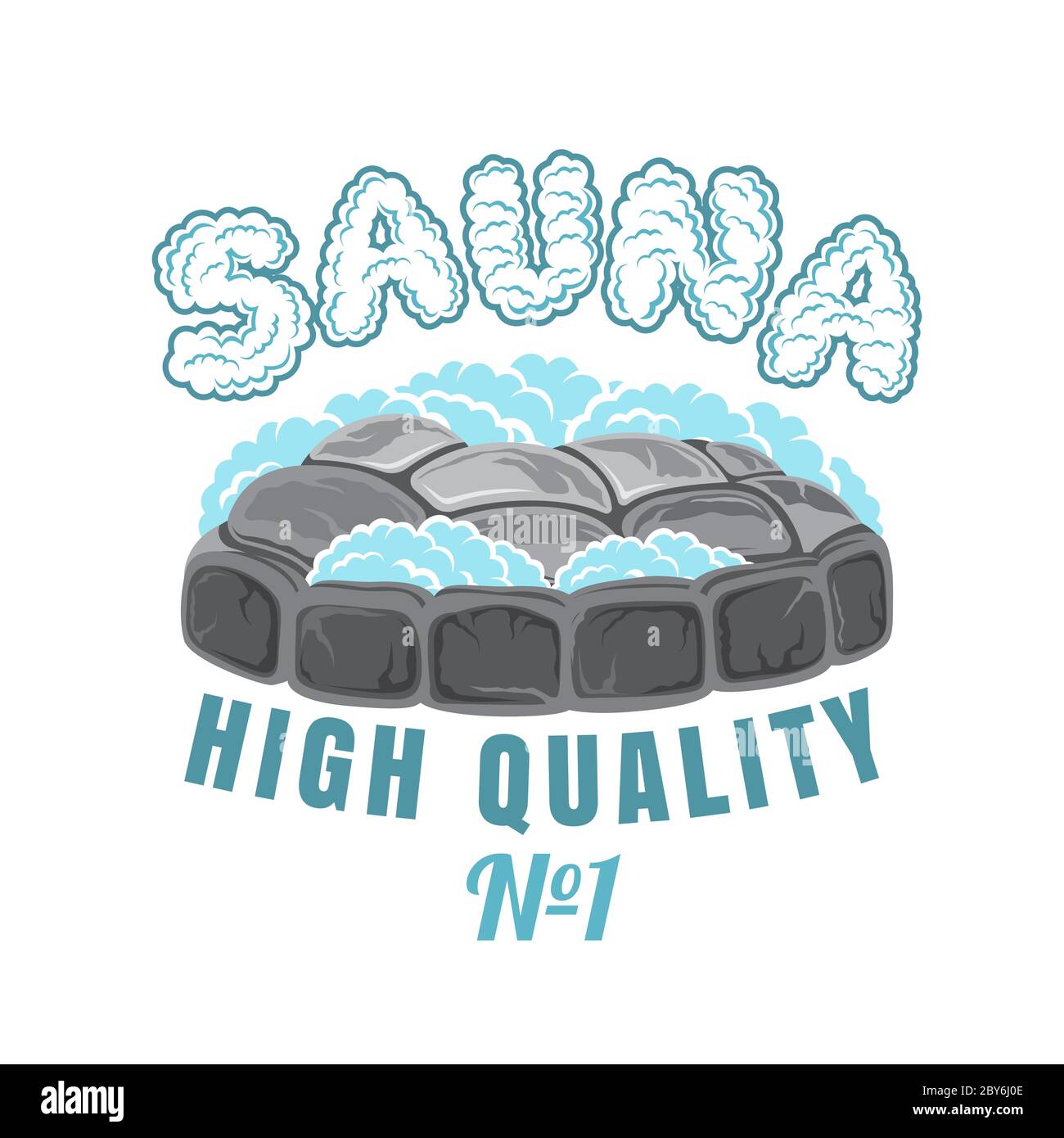 Label für Sauna, Banya oder Badehaus. Kamin mit heißen Steinen. Word Sauna aus Dampf erstellt. Abbildung des Farbvektors Stock Vektor