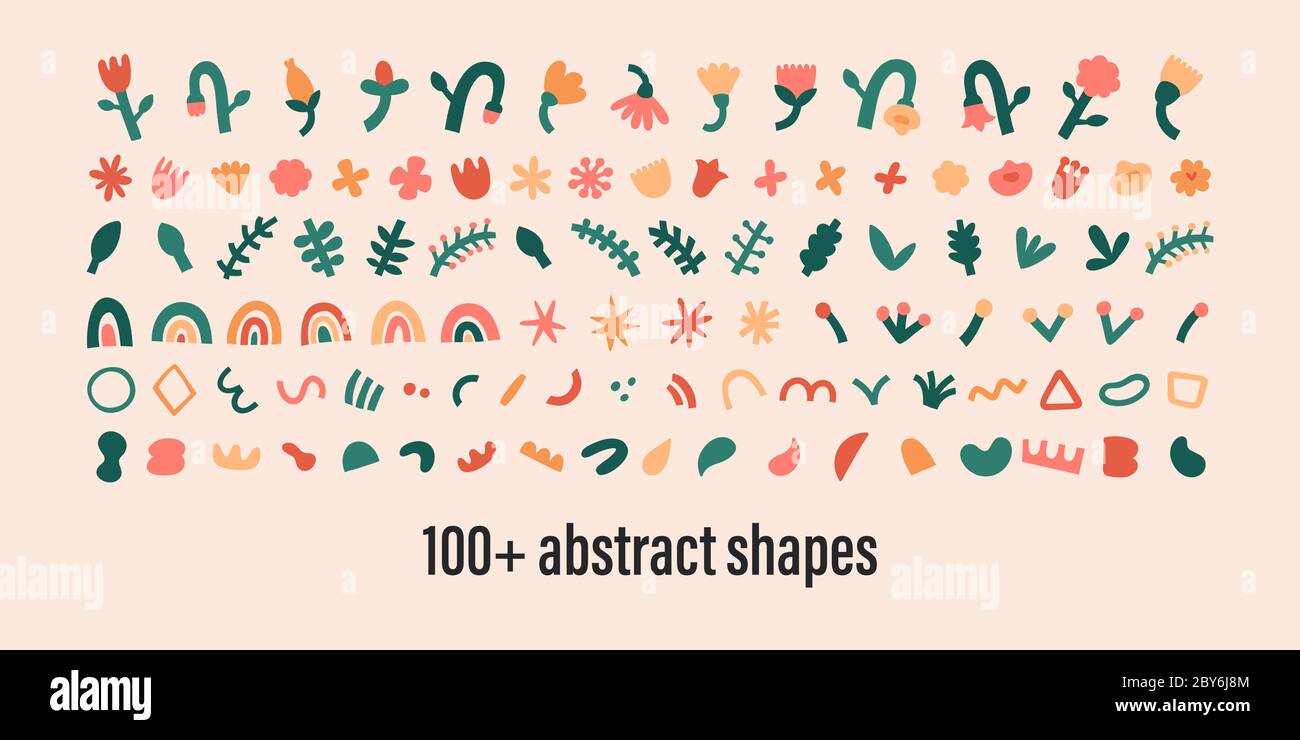 Sammlung abstrakter Formen, isolierte zeitgenössische Kunst Kritzeleien, Bündel von Blumen, Wirbel und Punkte Blätter. Linolschnitt Stempelformen, Abstraktionsgenerator Stock Vektor