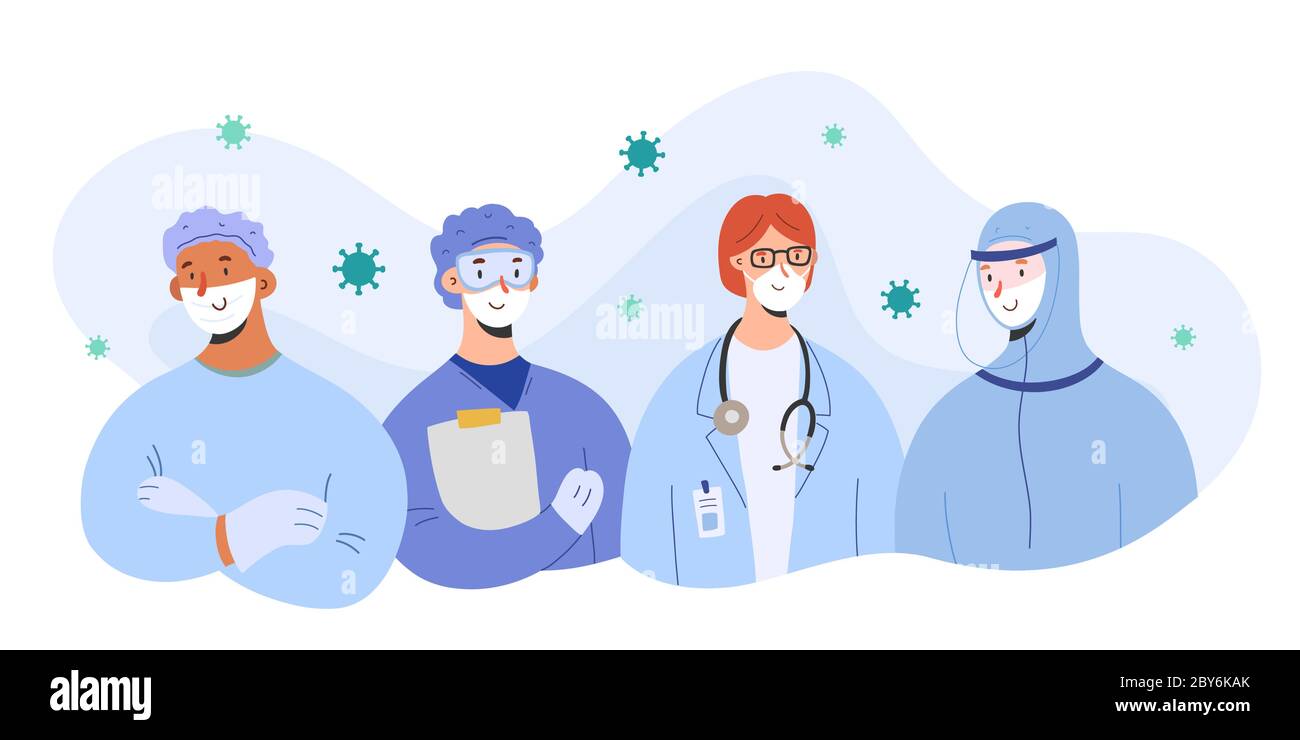 Medizinisches Team gegen Coronavirus, Ärzte mit Masken und Schutzanzügen stehen zusammen, Teamarbeitskonzept, Vektorgrafik, Gruppe von Stock Vektor