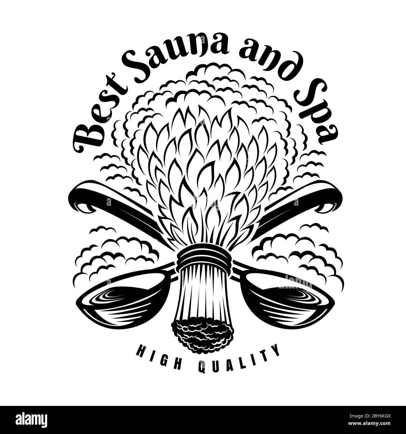 Label für Sauna, Banya oder Badehaus. Sauna Besen mit gekreuzten Schöpfkellen. Stock Vektor
