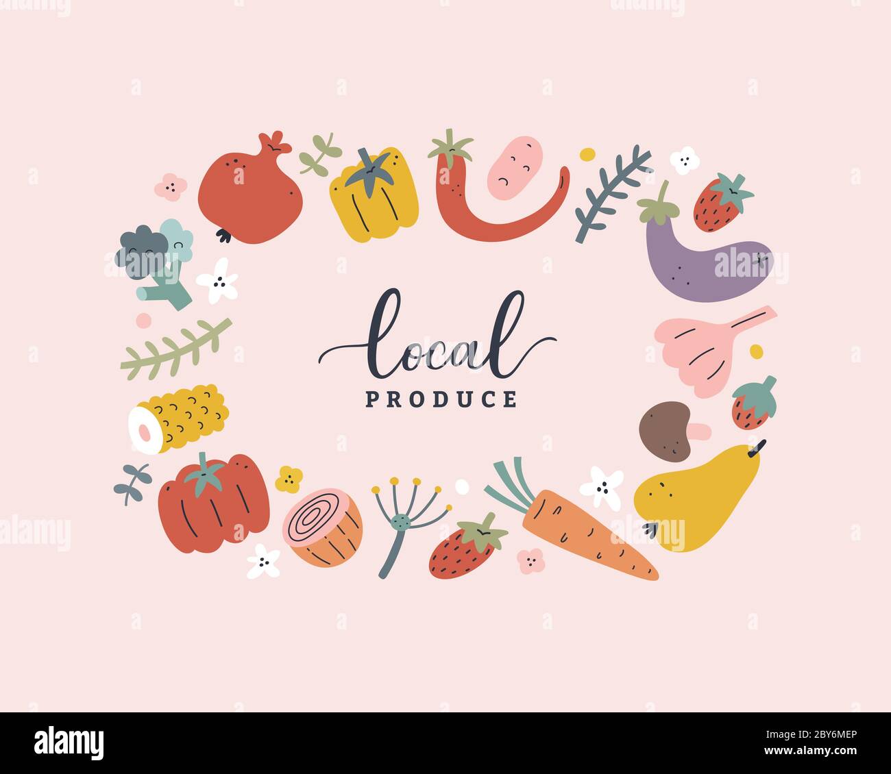 Gemüse und Obst Vektor-Vorlage, modernes Design Kranz Rand mit handgezeichneten Illustrationen von Lebensmitteln, Vektor-Rahmen mit Kopierraum, erdige Farben Stock Vektor
