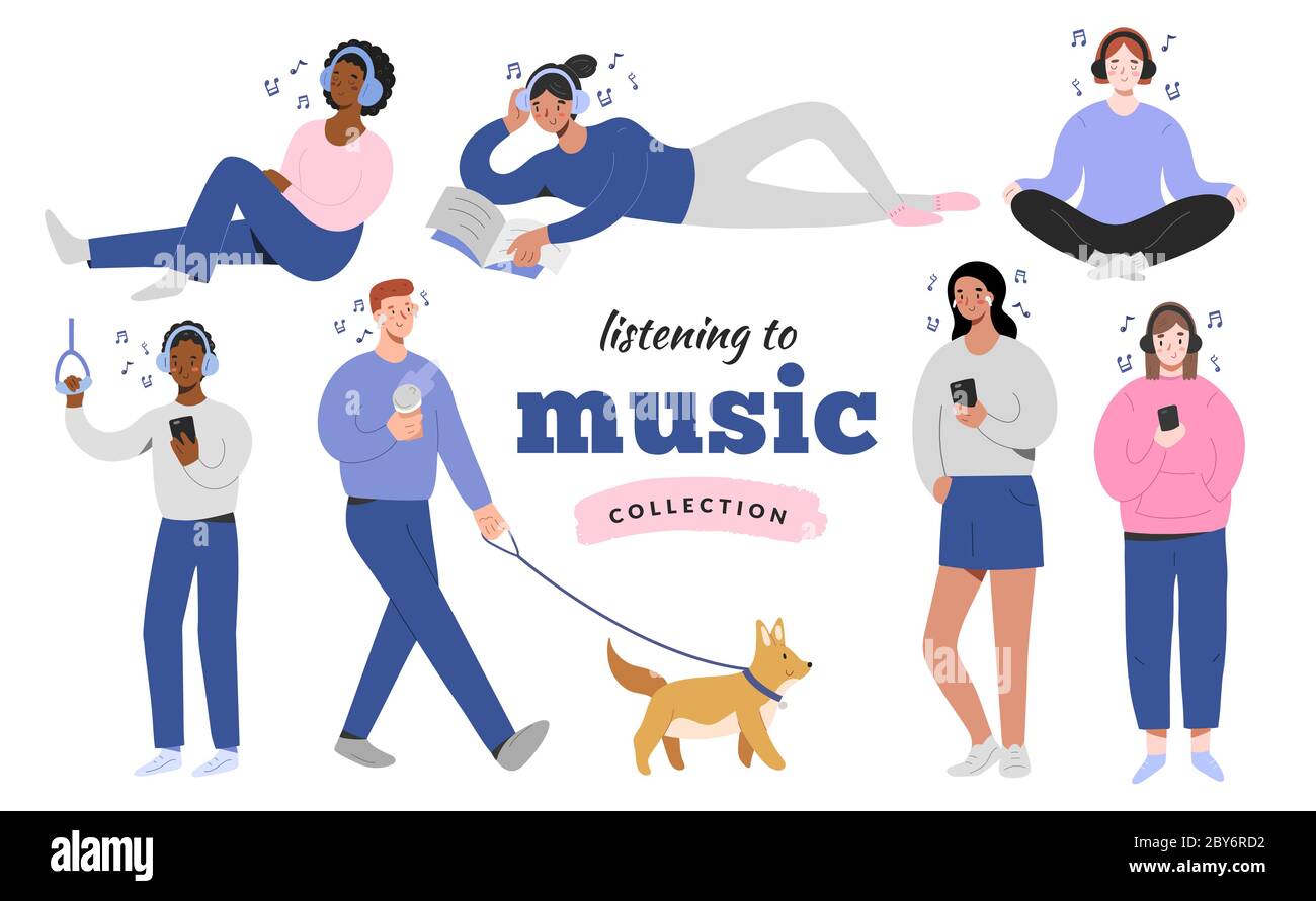 Junge Menschen in Kopfhörern Musik zu Hause hören, Yoga, auf der Straße einen Hund zu Fuß, fröhliche Comic-Figuren, isoliert flachen Vektor Stock Vektor
