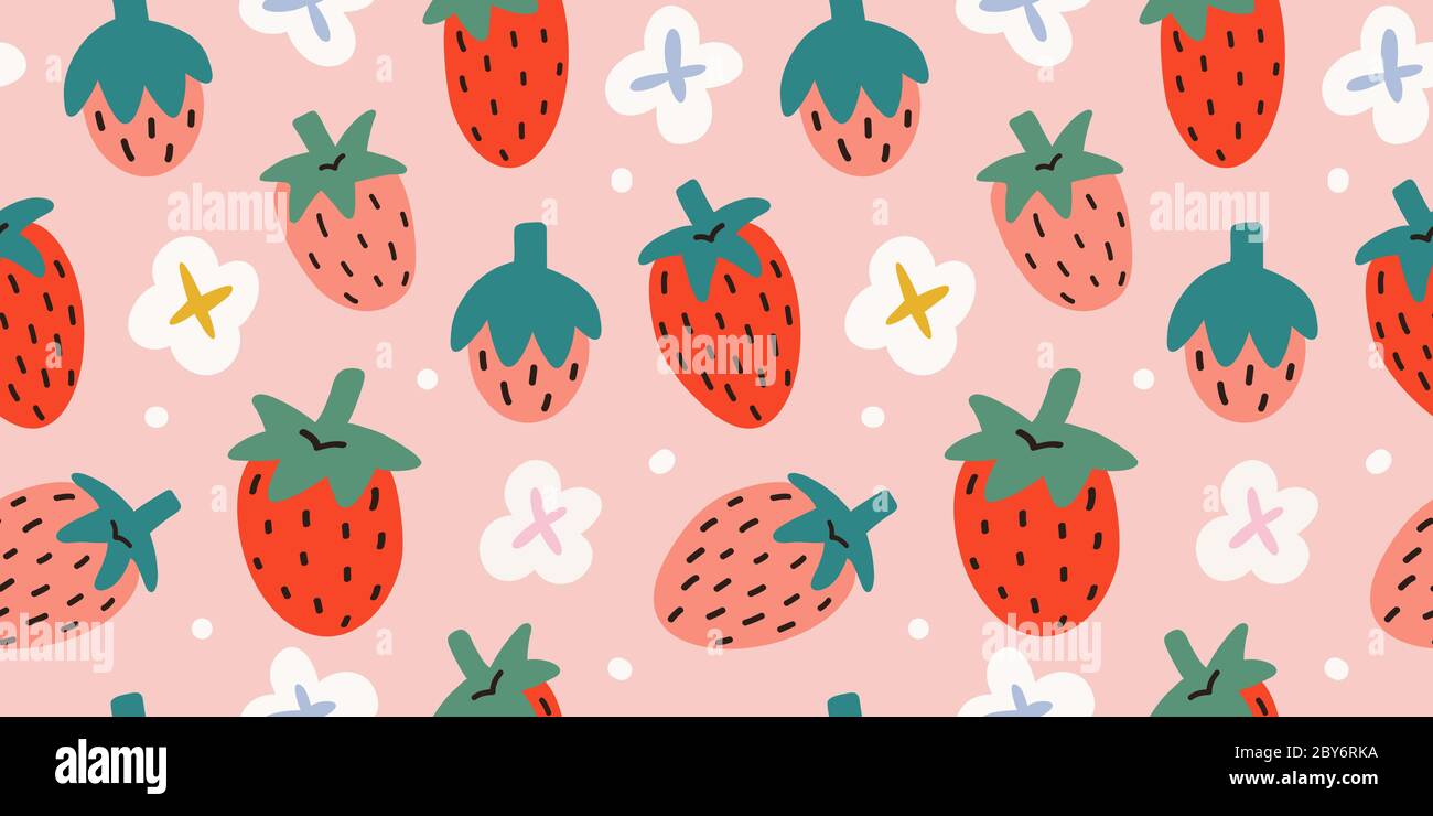 Erdbeeren Muster, bunte nahtlose Vektor-Muster mit niedlichen handgezeichneten Sommerbeeren, saisonalen Dessert, rosa und rote Früchte, gut als Stoff-Print Stock Vektor