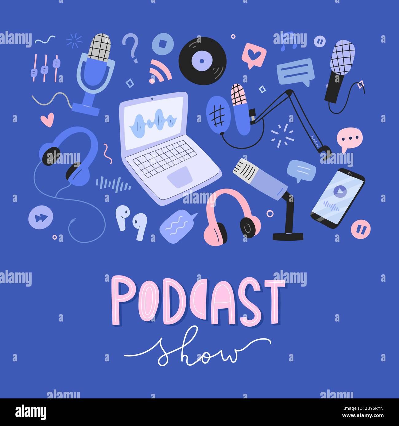 Podcast Sammlung, verschiedene Werkzeuge, Ausrüstung für die Aufnahme Podcasting, professionelle Kondensator Mikrofon, Headset, Laptop mit Workstation, Satz von Stock Vektor