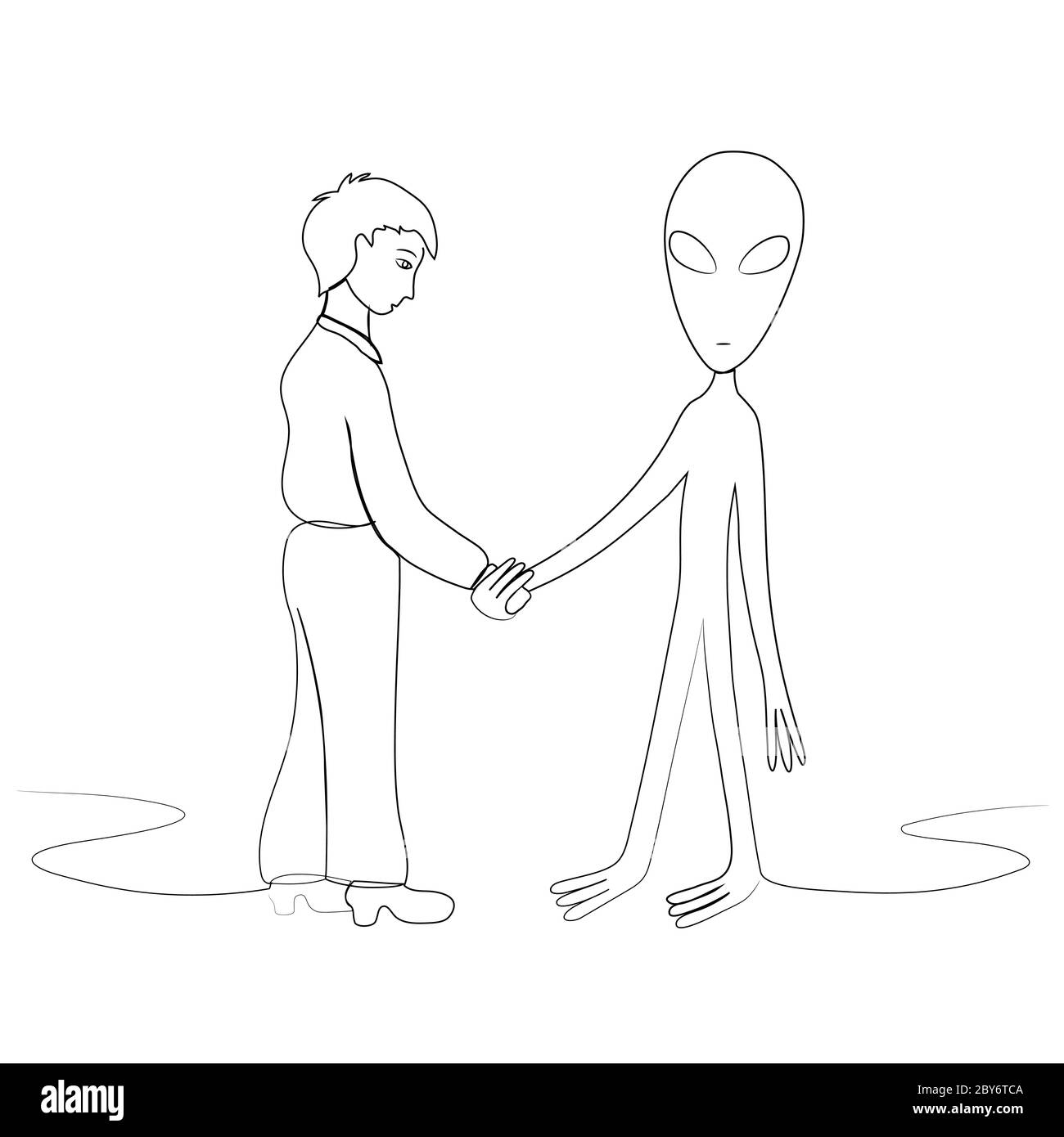 Ein Mann und ein Alien aus dem Weltraum schütteln die Hände. In einer Linie gezeichnet. Isoliert auf weißem Hintergrund Stock Vektor-Illustration. Stock Vektor