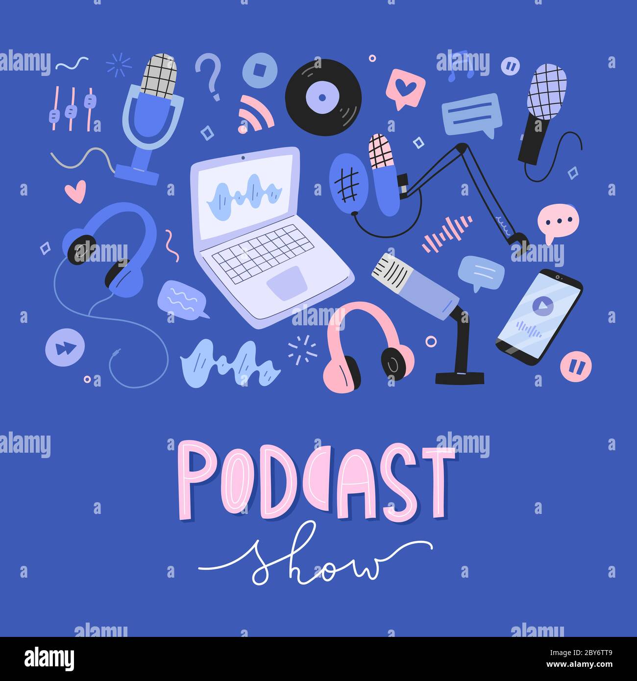 Podcast Sammlung, verschiedene Werkzeuge, Ausrüstung für die Aufnahme Podcasting, professionelle Kondensator Mikrofon, Headset, Laptop mit Workstation, Satz von Stock Vektor