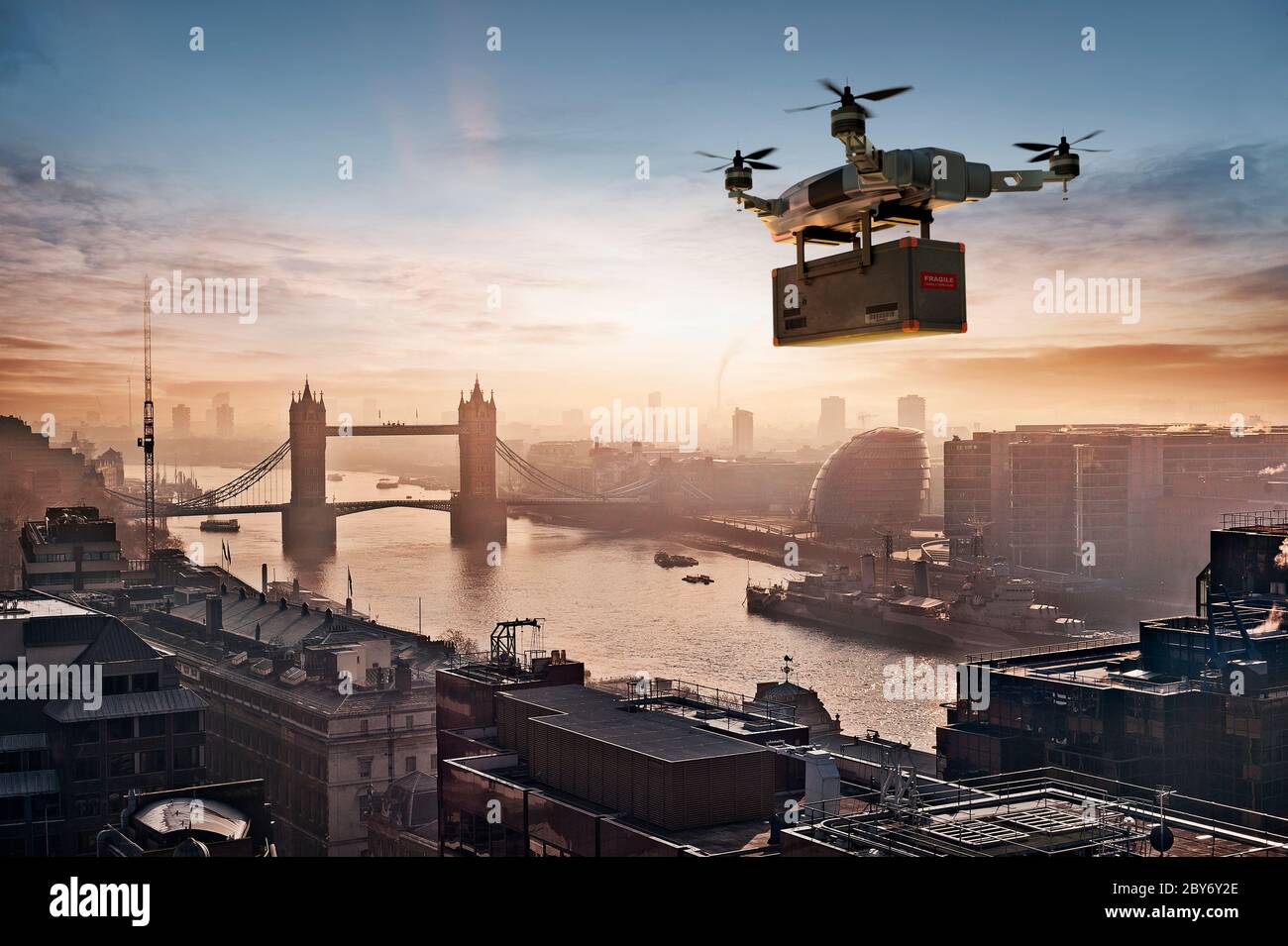 Drohnenlieferpaket über London, Großbritannien Stockfoto