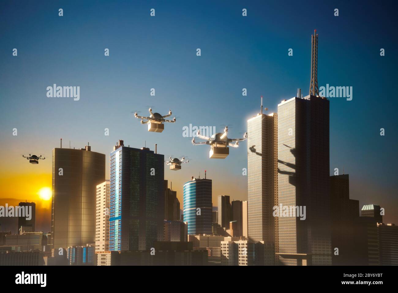 Drohnen liefern Pakete über Stadt bei Sonnenuntergang, London, Großbritannien Stockfoto