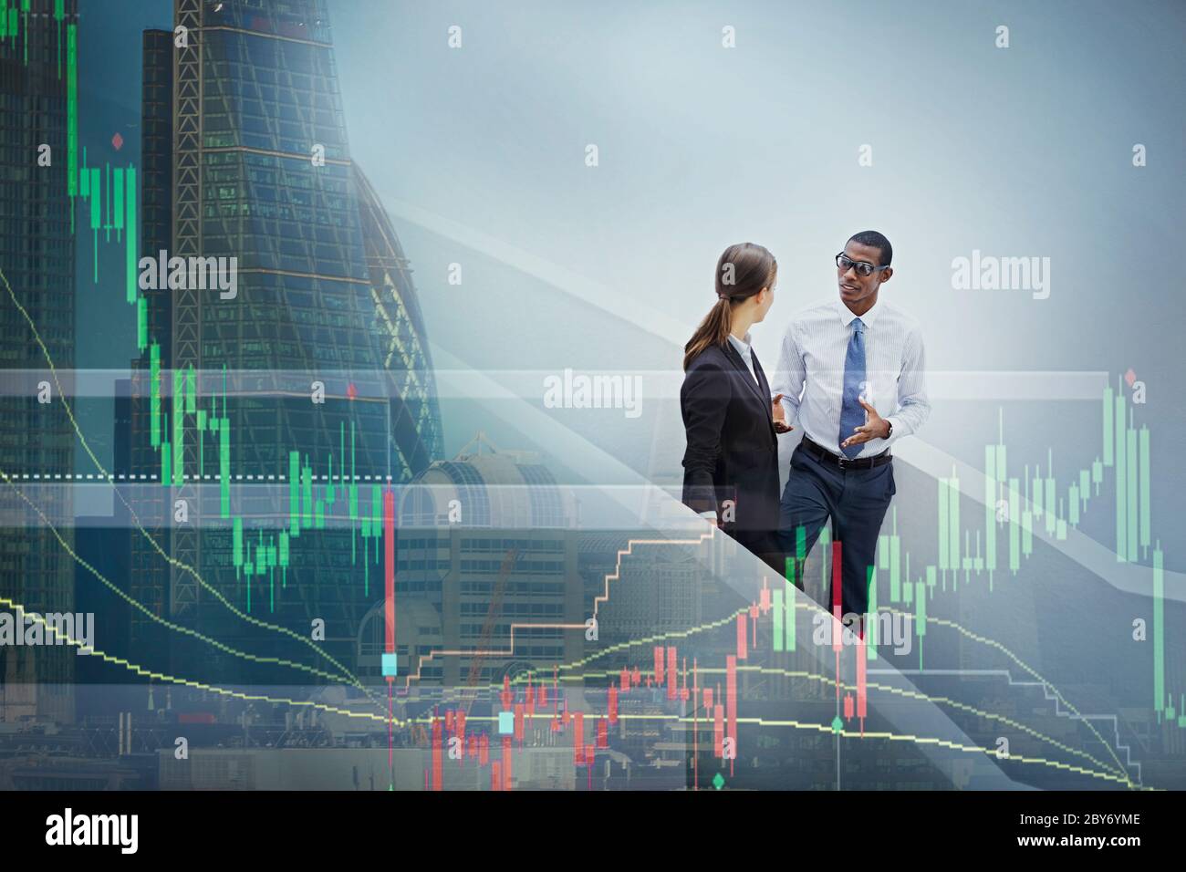 Grafik über Geschäftsleute und Hochhäuser Stockfoto
