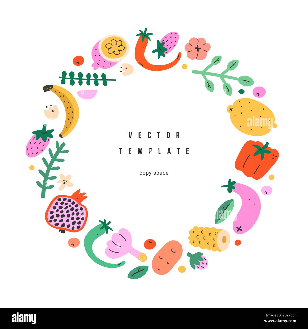 Obst Gemüse Rahmen, Kreis Rand Vorlage mit Copyspace und handgezeichnet einfache Spaß Illustration Ornament, Vektor-Hintergrund, gut für Menü-Cover Stock Vektor