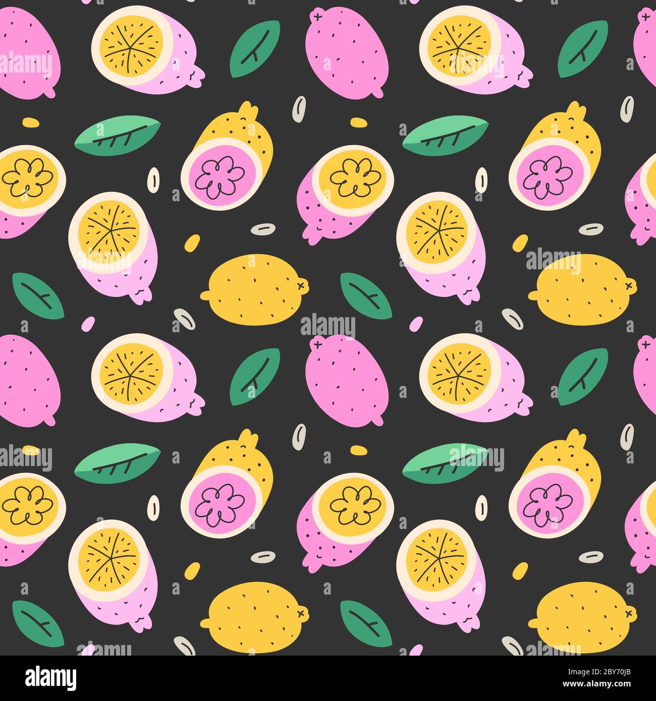 Lemon Doodle Muster, helle süße Zitrusfrüchte Zeichnung im skandinavischen Stil, Sommer Lebensmittel Hintergrund, nahtlose Vektor-Textur, Zitronenhälften mit Samen Stock Vektor