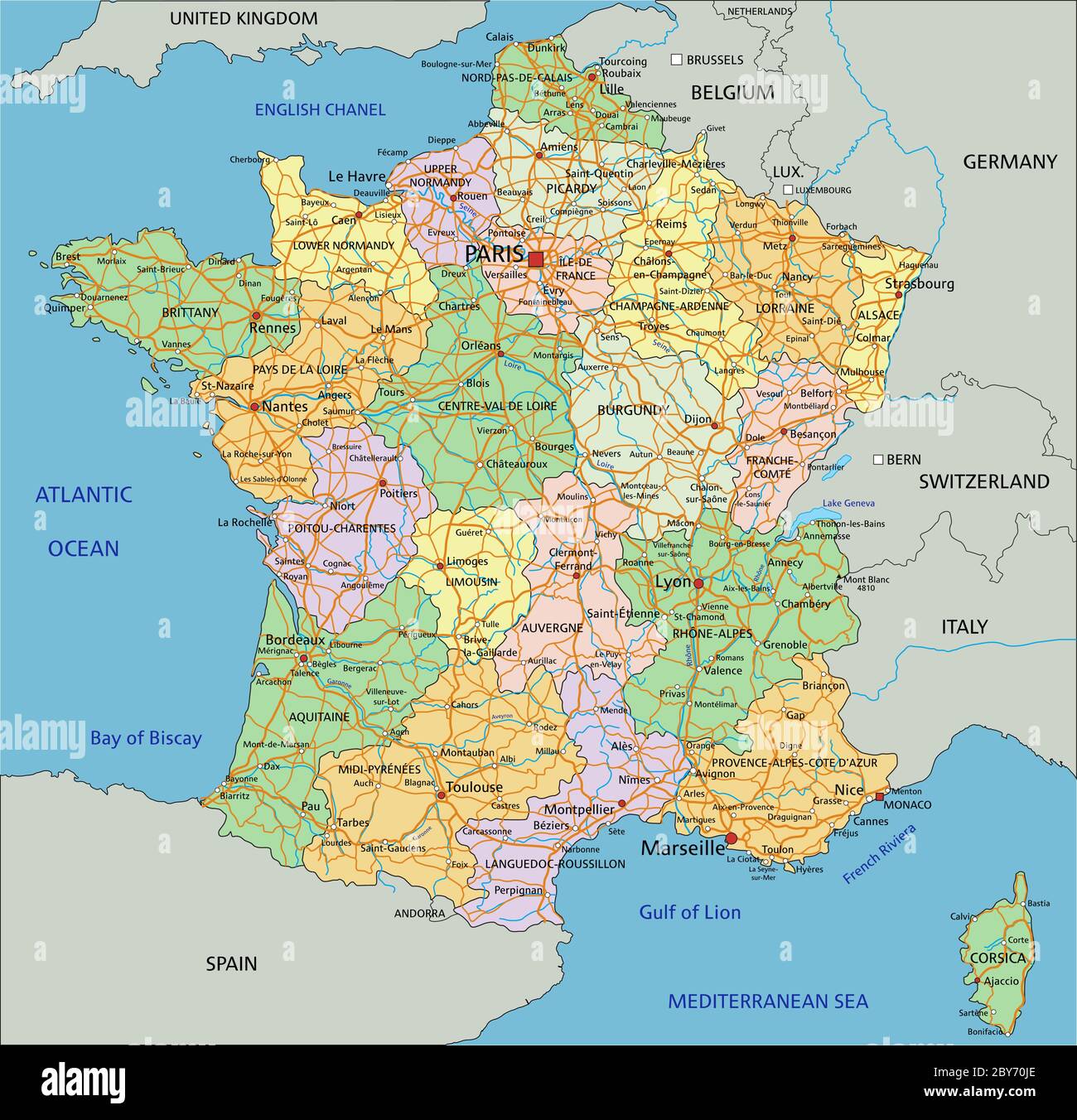Frankreich - sehr detaillierte editierbare politische Karte mit Beschriftung. Stock Vektor