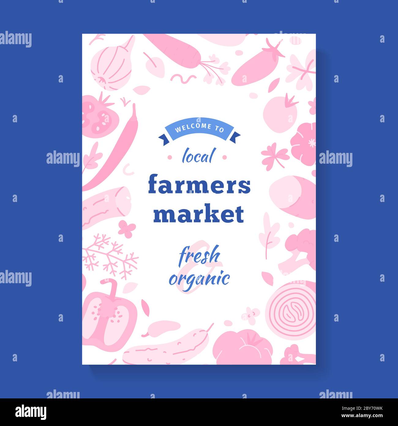 Farmers Markt Banner, Rahmen mit Illustrationen von Gemüse, moderne Vektor-Vorlage für lokale Lebensmittelmesse, vertikale Typografie Poster Layout Stock Vektor
