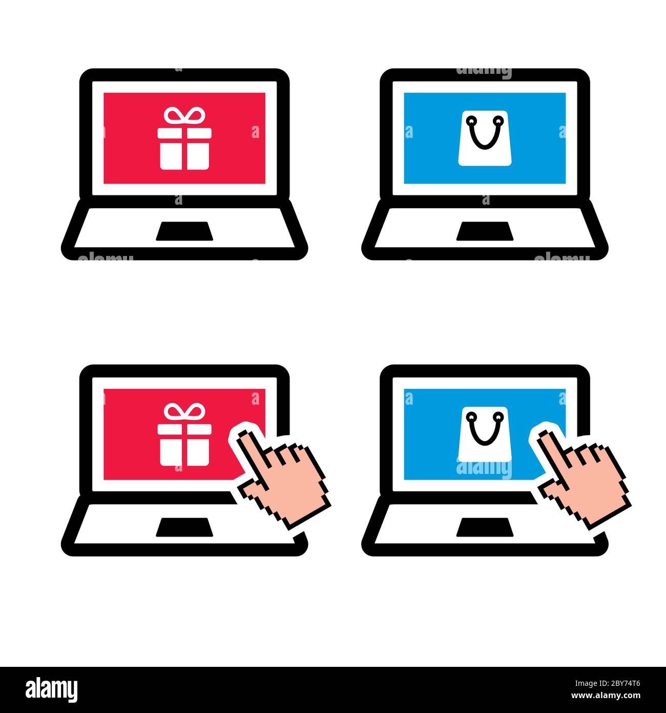 Online einkaufen, Laptop mit Geschenk und Einkaufstasche Farbe Symbol Set Stock Vektor