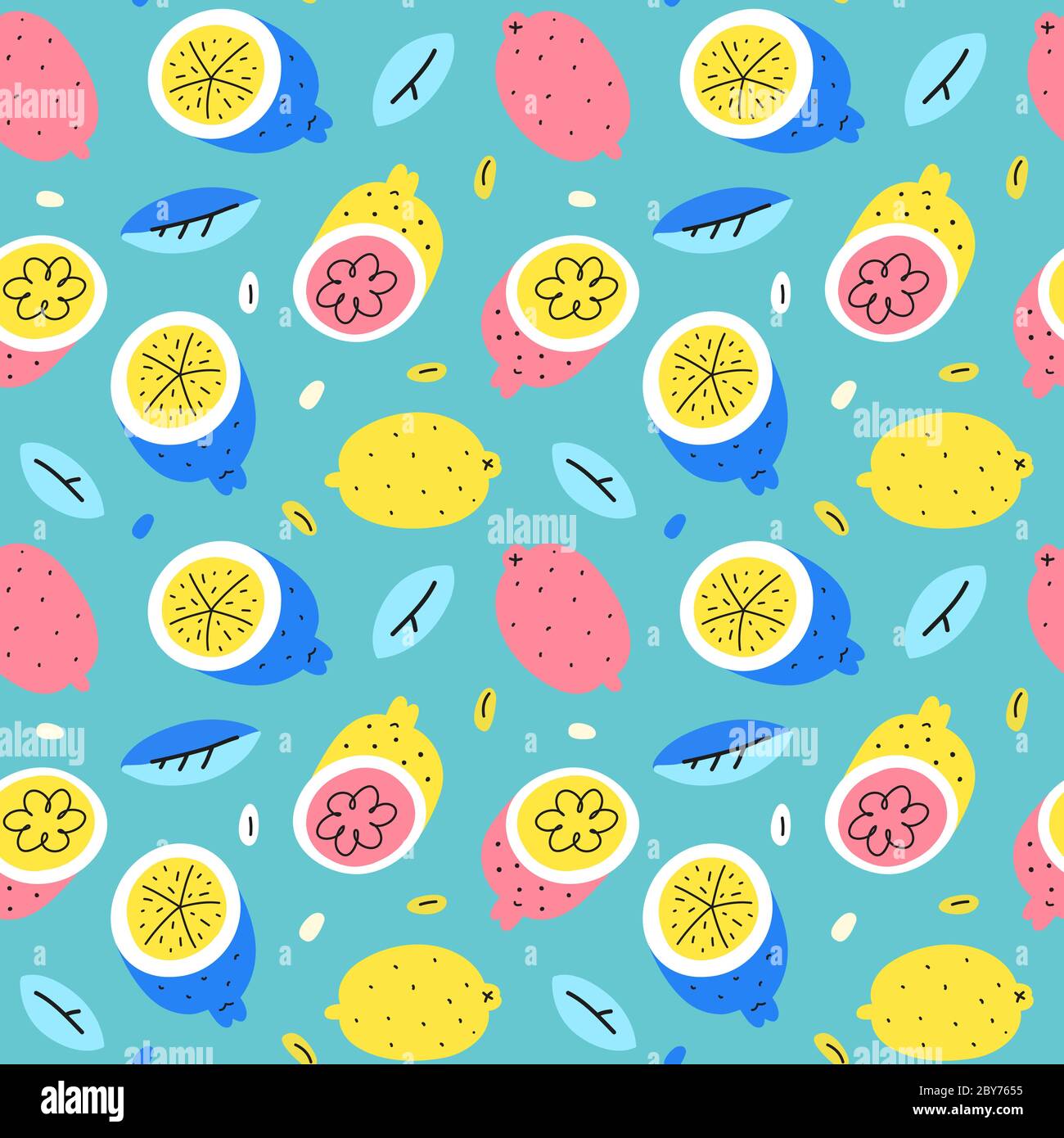 Doodle Zitronenmuster, nahtlos wiederholende Ornament, bunte trendige Hintergrund mit ganzen Zitronen-Früchte, hell handgezeichneten Mode-Print, gut wie Stock Vektor