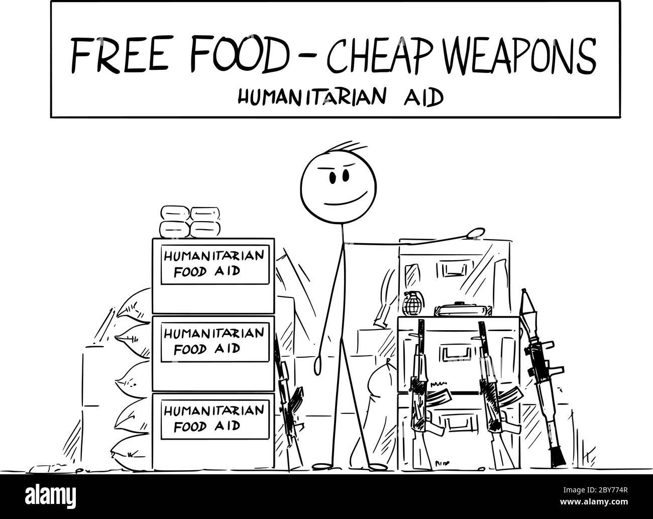 Vektor Cartoon Stick Figur Zeichnung konzeptionelle Illustration von lokalen Landwirt, die humanitäre Hilfe Lebensmittel und Waffen auf dem lokalen Markt in Entwicklungsländern in Afrika oder Asien. Stock Vektor
