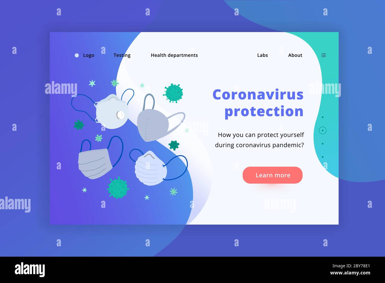 Сoronavirus Banner mit medizinischen Gesichtsmasken und Atemschutzmasken, Schutz vor Ausbruch von Covid-19. Vektor-Banner-Vorlage Layout, vorgefertigte Website Stock Vektor