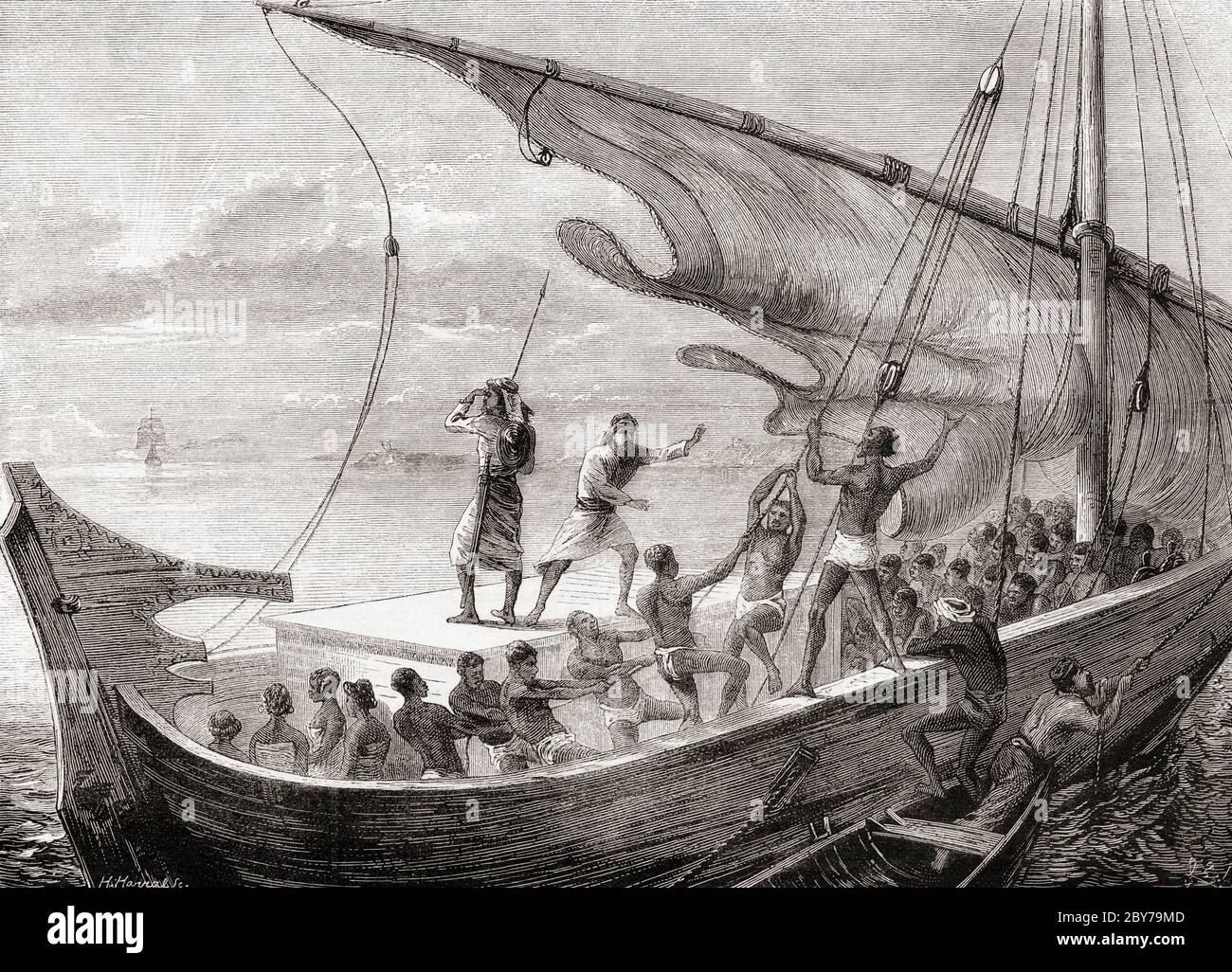 Arabisches Sklavenschiff im Roten Meer, Mitte des 19. Jahrhunderts. Die Crew zeigt Bestürzung über die Annäherung eines britischen Kriegsmanns. Nach einem Stich von Horace Harral, veröffentlicht in The Graphic, 25. April 1874. Stockfoto