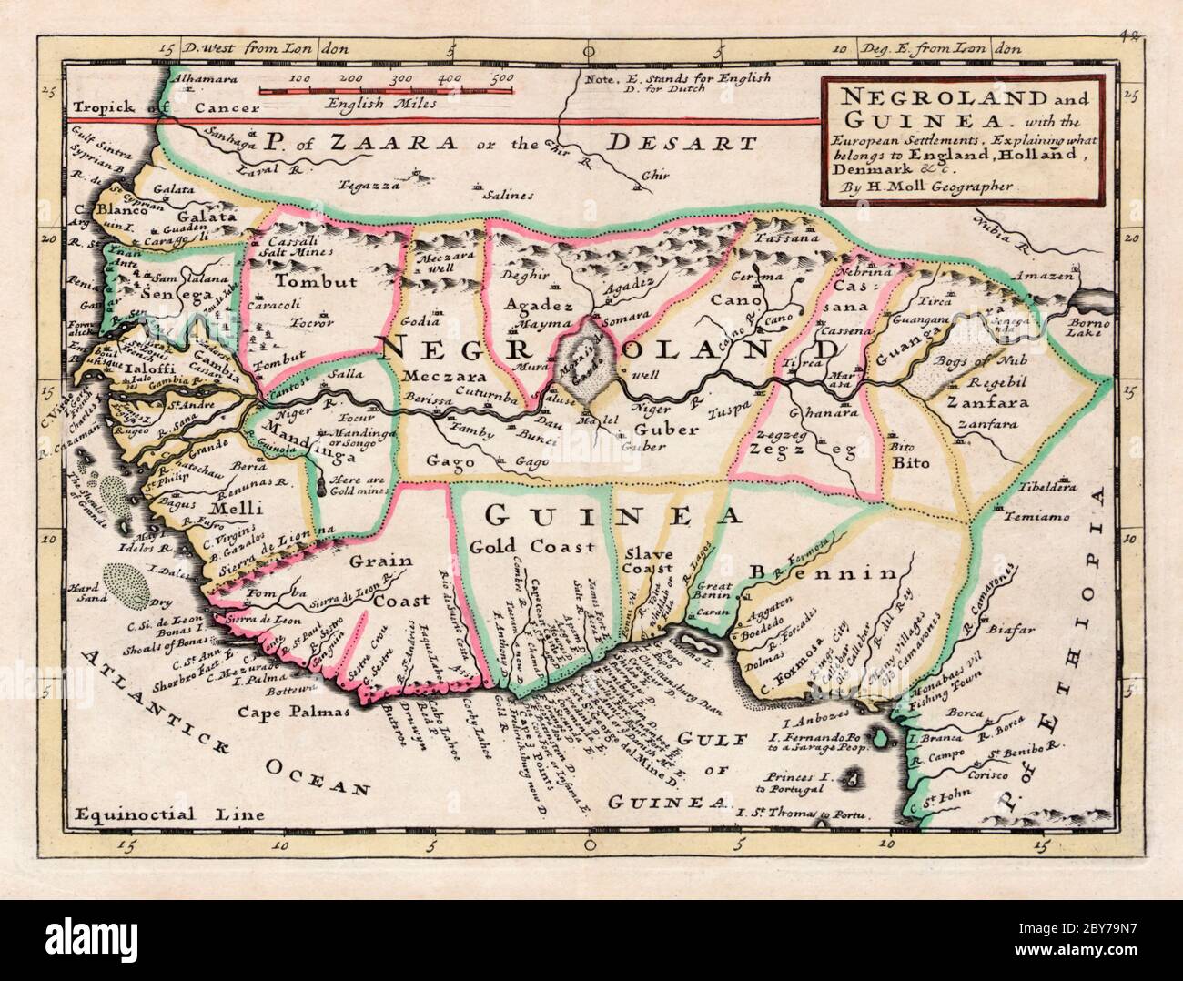 Negroland und Guinea, mit den europäischen Siedlungen, erklären, was zu England, Holland, Dänemark usw. gehört von H. Moll, Geograf. Aus einem Atlas gedruckt und verkauft von T. Bowles, London um 1735. Die Karte deckt einige der wichtigsten Sklaviergebiete des äquatorialen Afrika ab. Stockfoto