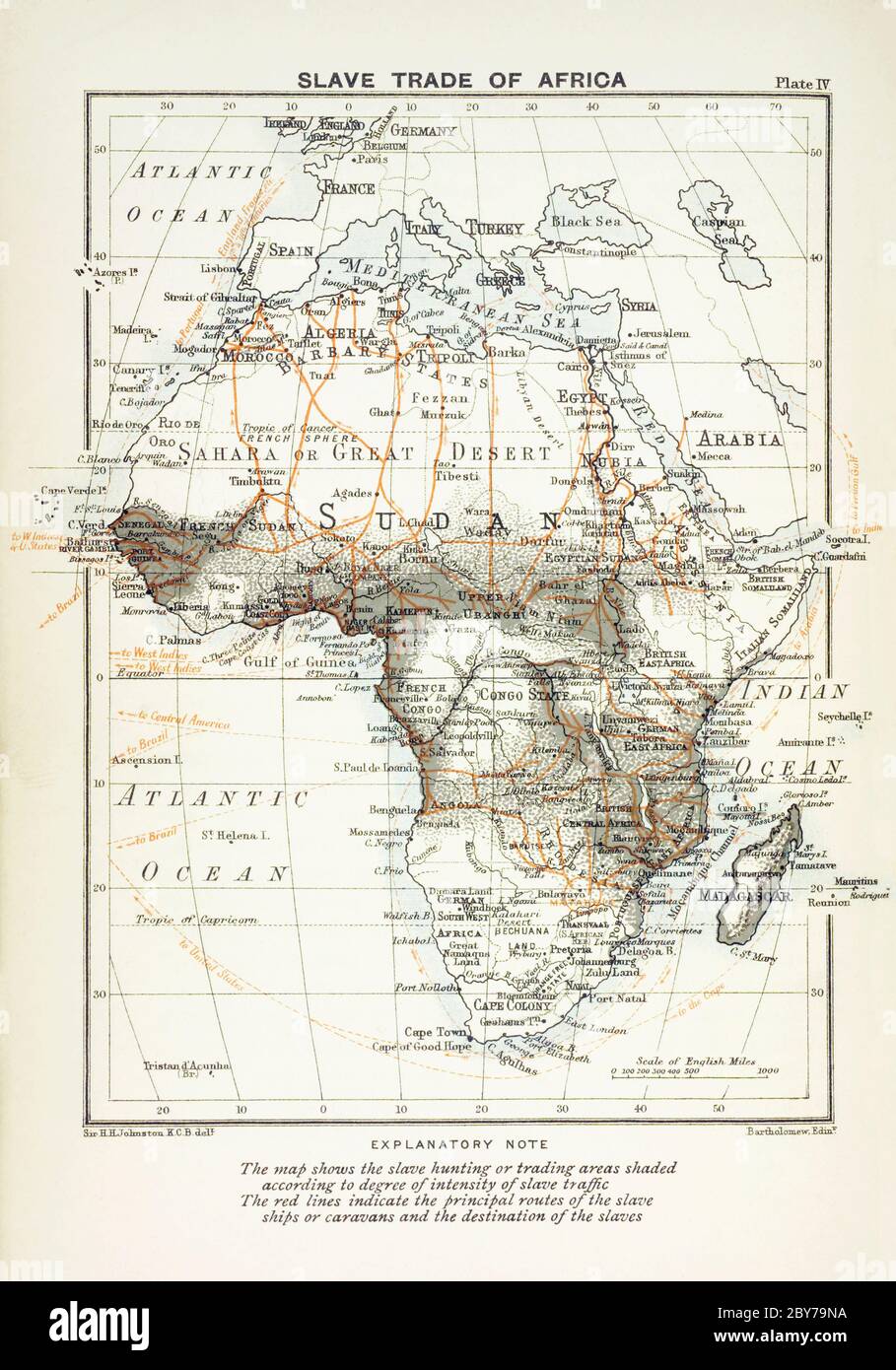 Karte mit dem Sklavenhandel in Afrika und den Zielen der gefangenen. Nach einer Karte von Sir Harry Hamilton Johnston und gestochen von John Bartholomew. Es wurde in Cambridge im Jahr 1899 veröffentlicht. Stockfoto