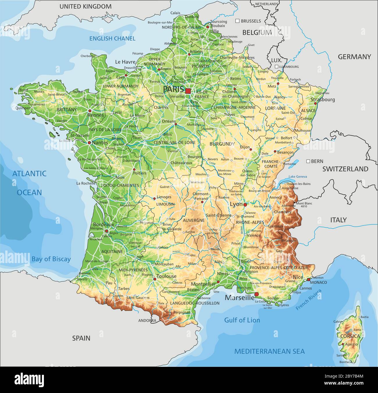 Detaillierte Frankreich Karte mit Beschriftung Stock-Vektorgrafik - Alamy