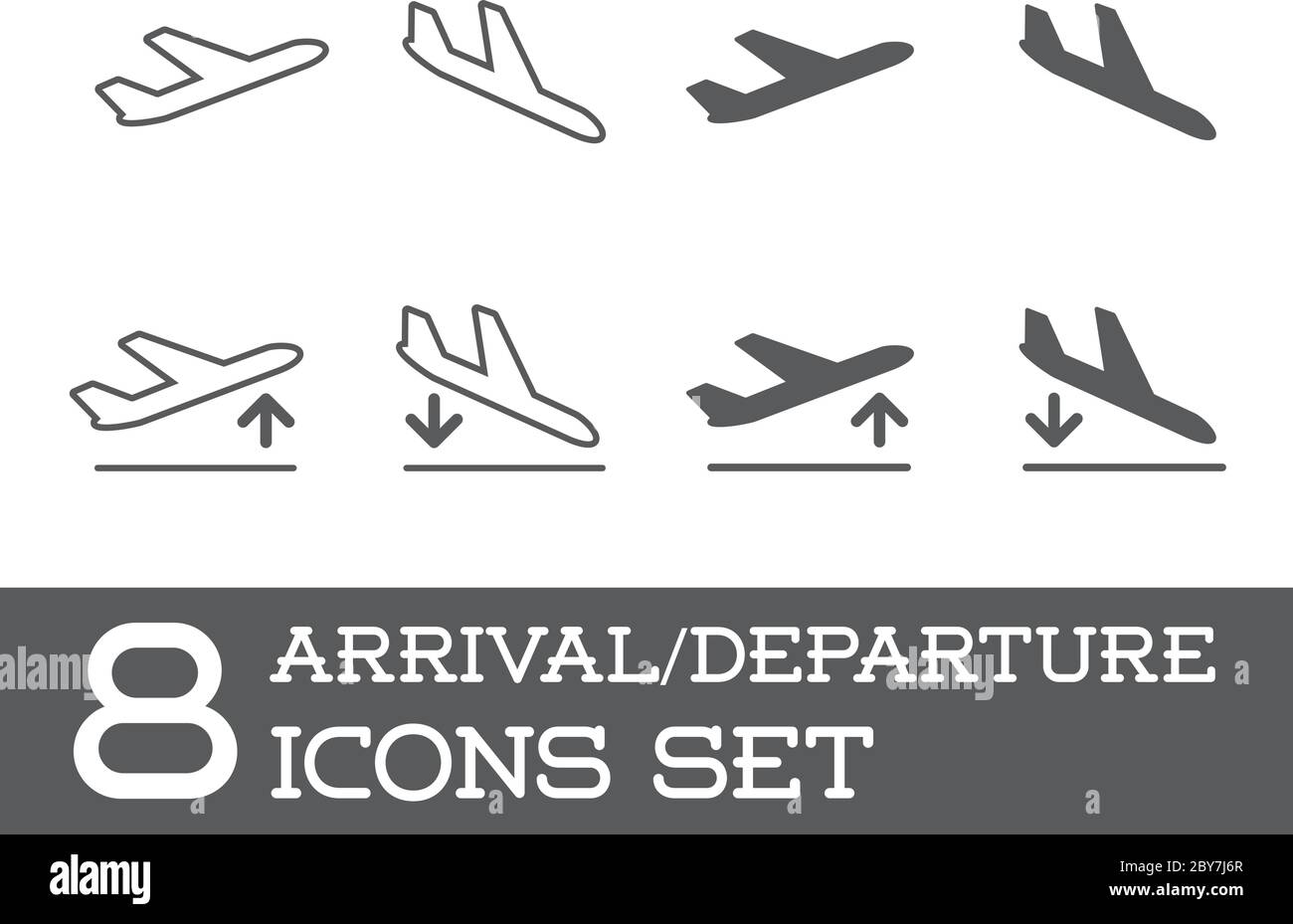 Flugzeug oder Flugzeug Icons Set Kollektion Vektor Silhouette Ankunft Abfahrt Stock Vektor