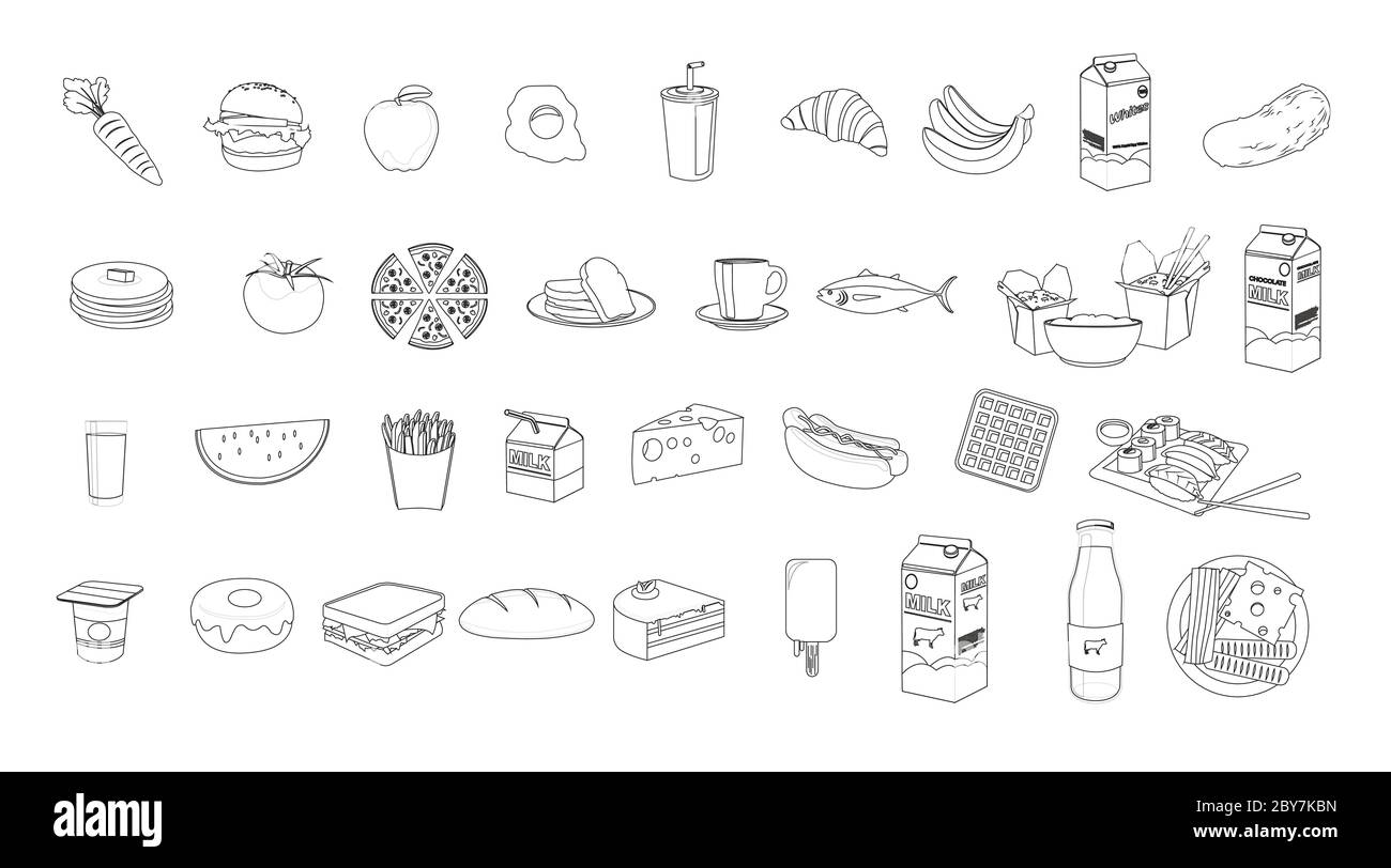 Vektor isoliert Satz von Lebensmitteln Symbole in Schwarz und Weiß. Dünne Linien Stock Vektor