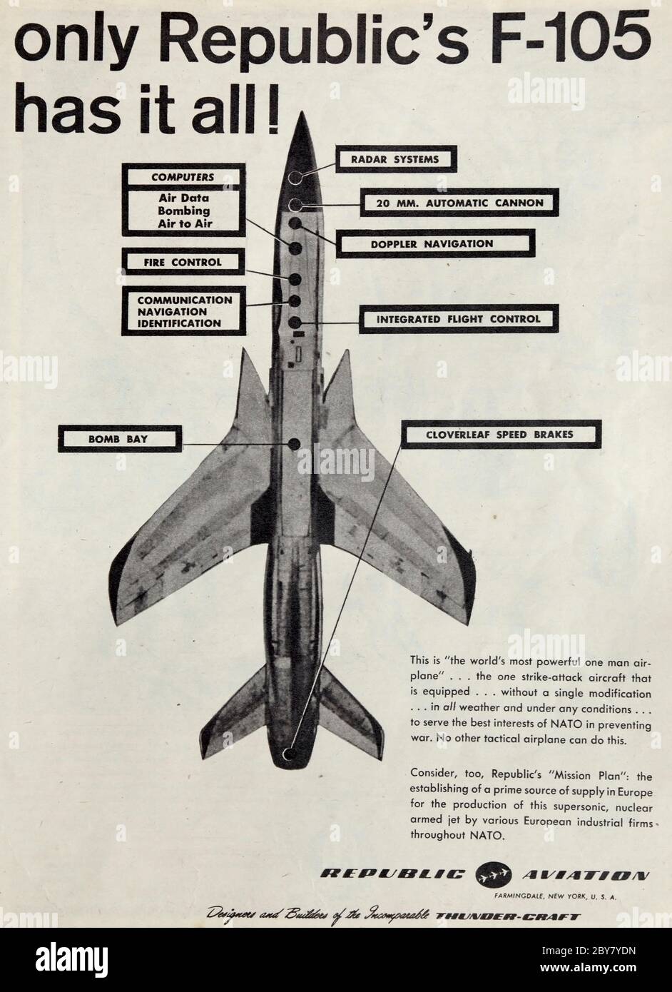 Vintage-Werbung für die amerikanische Republik F105 Thunderchief Militärflugzeug. Stockfoto