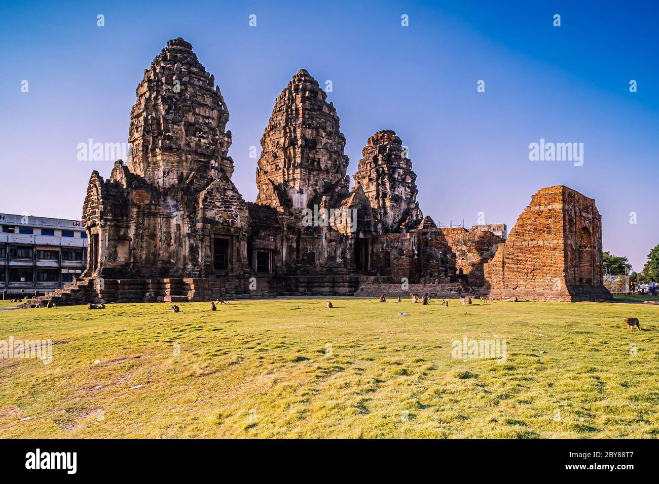 Lopburi Affentempel in Thailand. Phra Prang Sam Yot Tempel mit Affen, alte Architektur in Lopburi, Thailand. Stockfoto