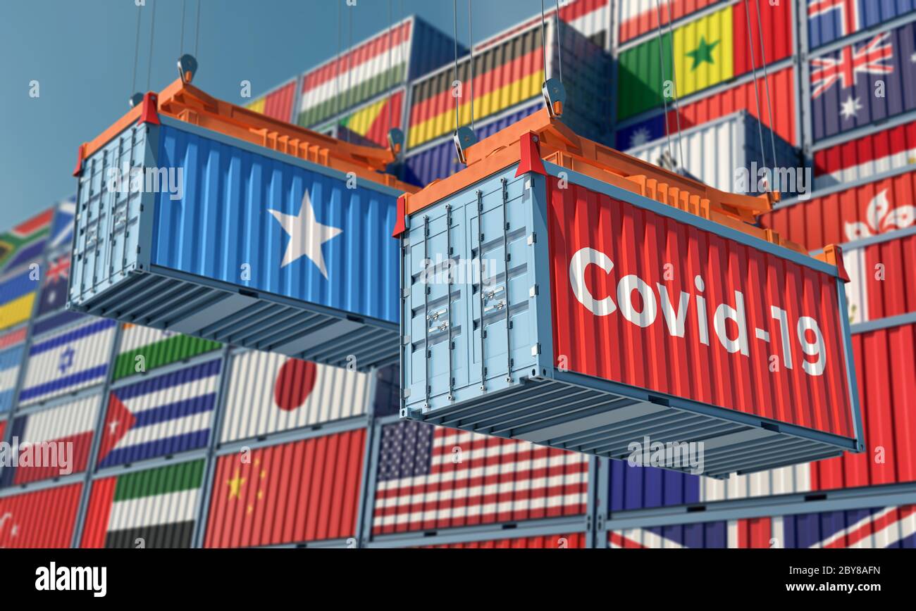 Container mit Coronavirus Covid-19 Text auf der Seite und Container mit Somalia Flagge. Konzept des internationalen Handels, der das Corona-Virus verbreitet. Stockfoto