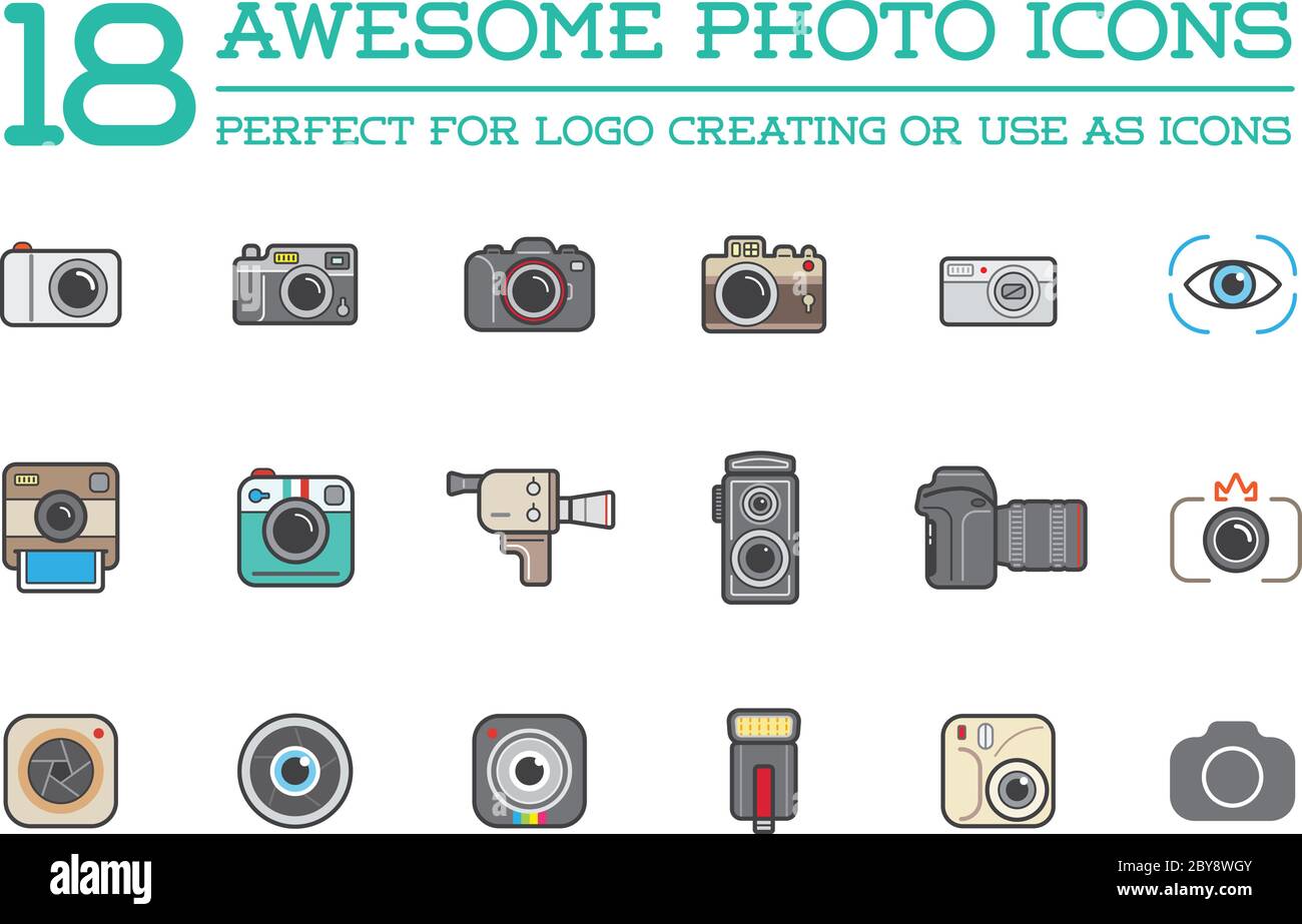 Set von Vektor-Fotokamera Fotografie Elemente und Videokamera Icons Illustration kann als Logo oder Symbol in Premium-Qualität verwendet werden Stock Vektor