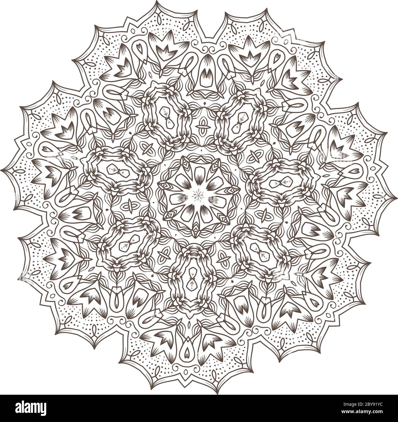 Ethnische Fraktale Mandala Vektor Meditation sieht aus wie Schneeflocke oder Maya Azteken Muster oder Blume isoliert auf Weiß Stock Vektor