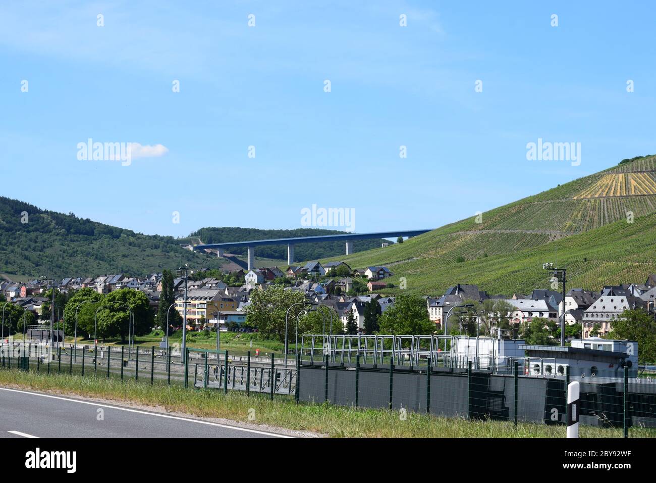 Moseldorf Zeltingen-Rachtig mit Weinbergen Stockfoto