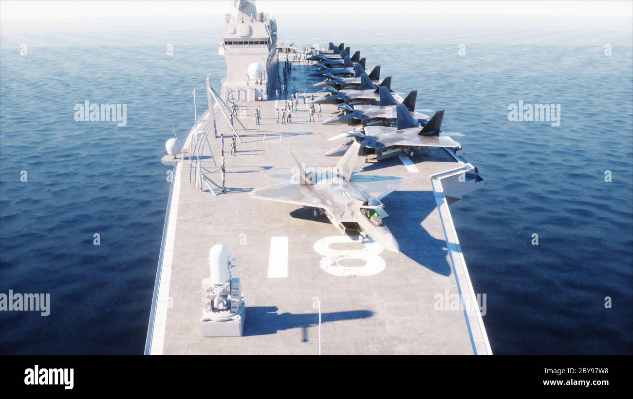 Flugzeugträger im Meer, Ozean mit Kämpfer. Krieg und Waffe Konzept. 3d-Rendering. Stockfoto