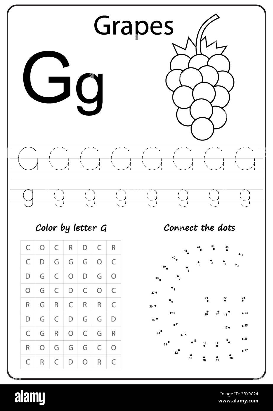 Buchstabe G. Buchstabe des Alphabets. Arbeitsblatt. Aufgabe für Kinder. Lernen von Briefen Stockfoto